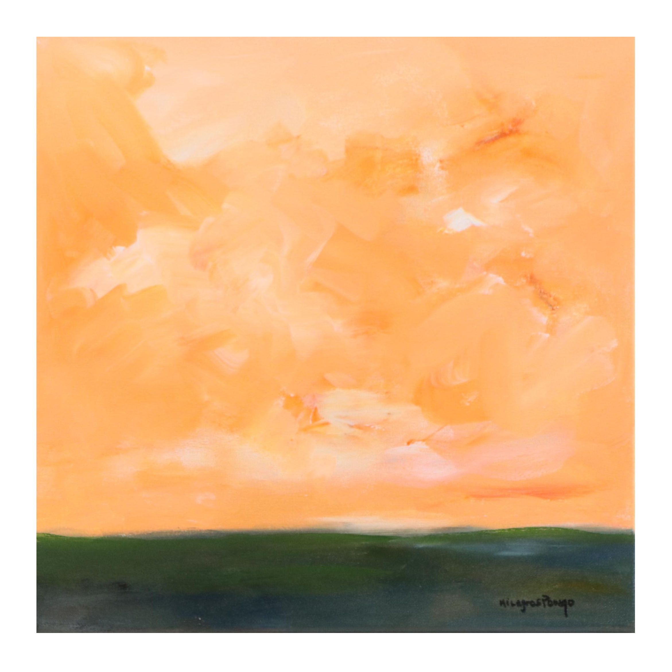 Milagros Pongo Landscape Mixed Media Painting "Red Sky," 21st Century