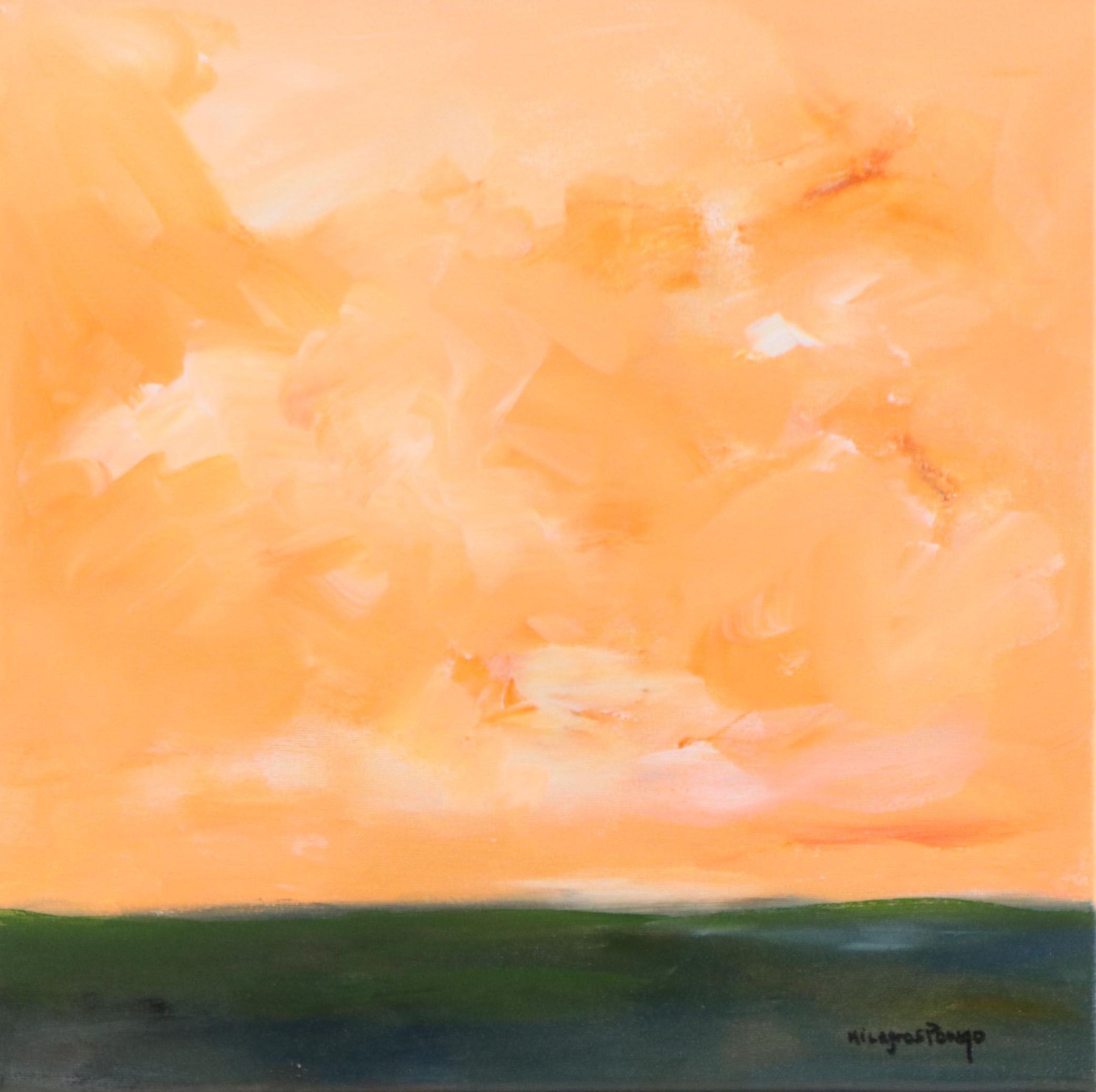 Milagros Pongo Landscape Mixed Media Painting "Red Sky," 21st Century