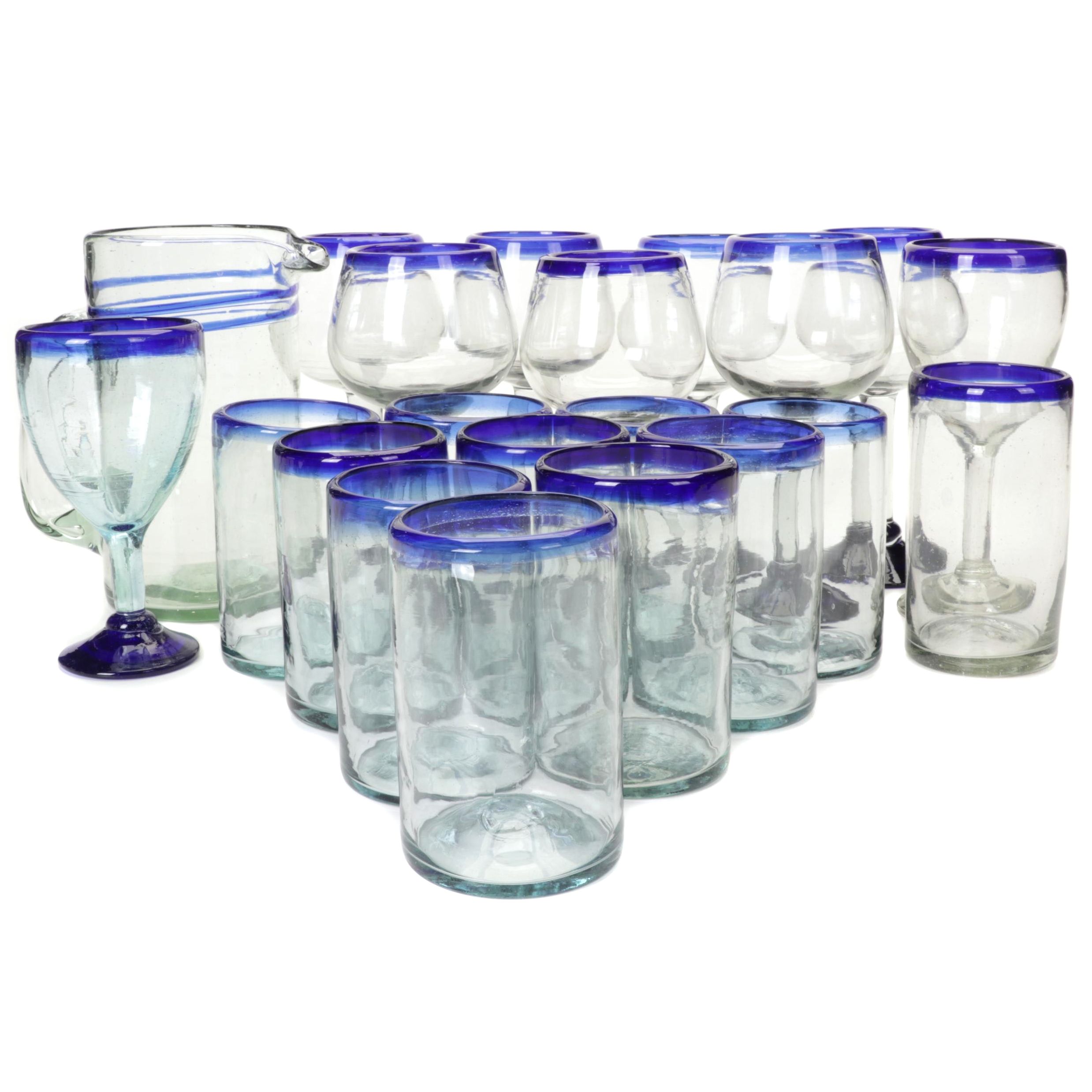 Blown Glass Cobalt Blue Rimmed Glassware and Pitcher