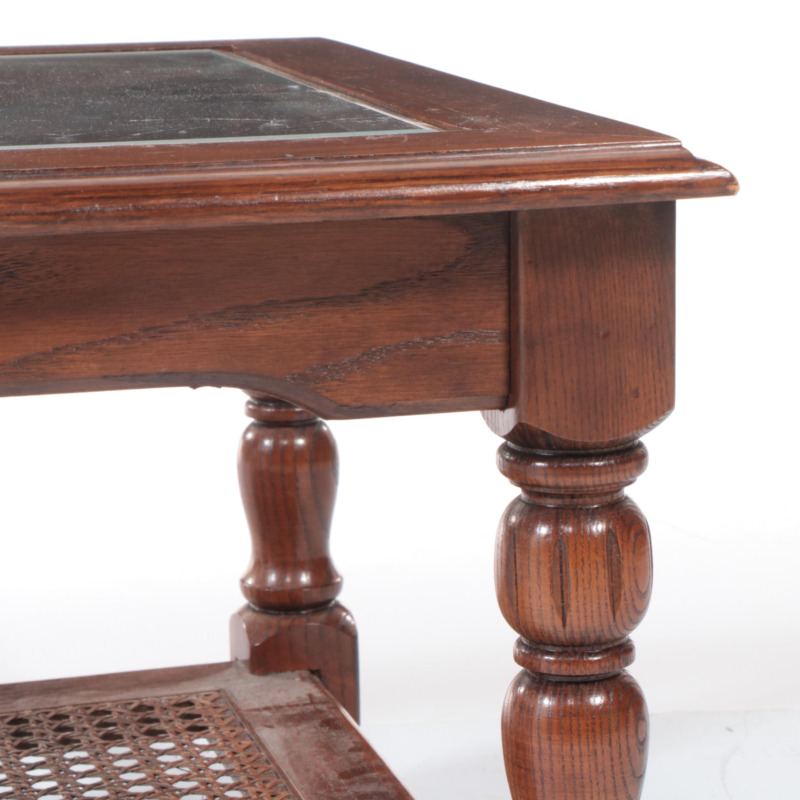 Colonial Style Oak, Caned, and Beveled Glass Coffee Table, Late 20th Century