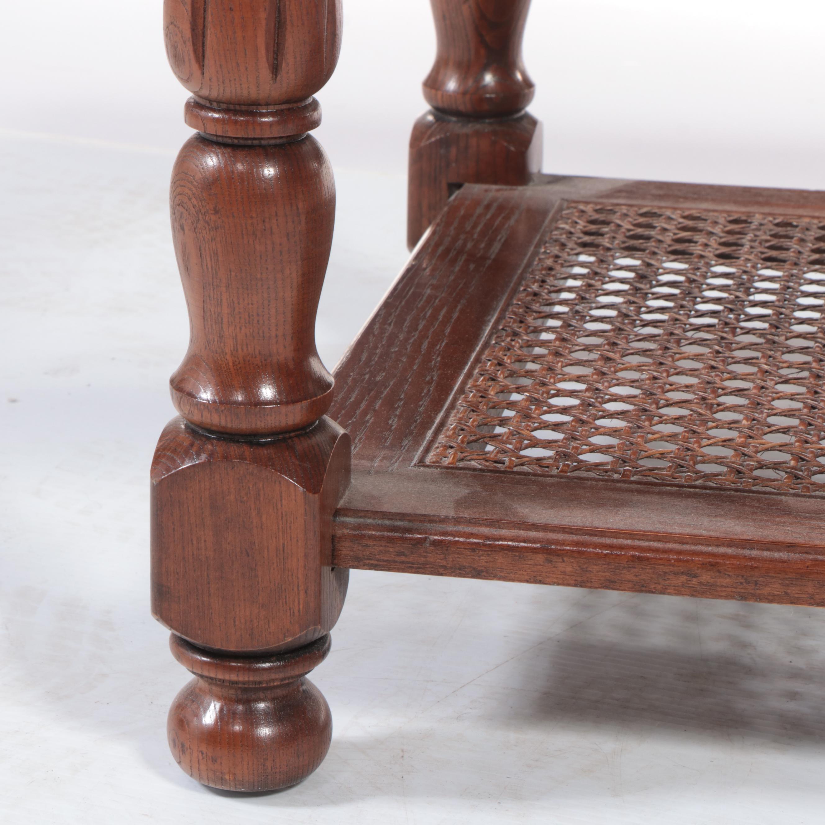 Colonial Style Oak, Caned, and Beveled Glass Coffee Table, Late 20th Century