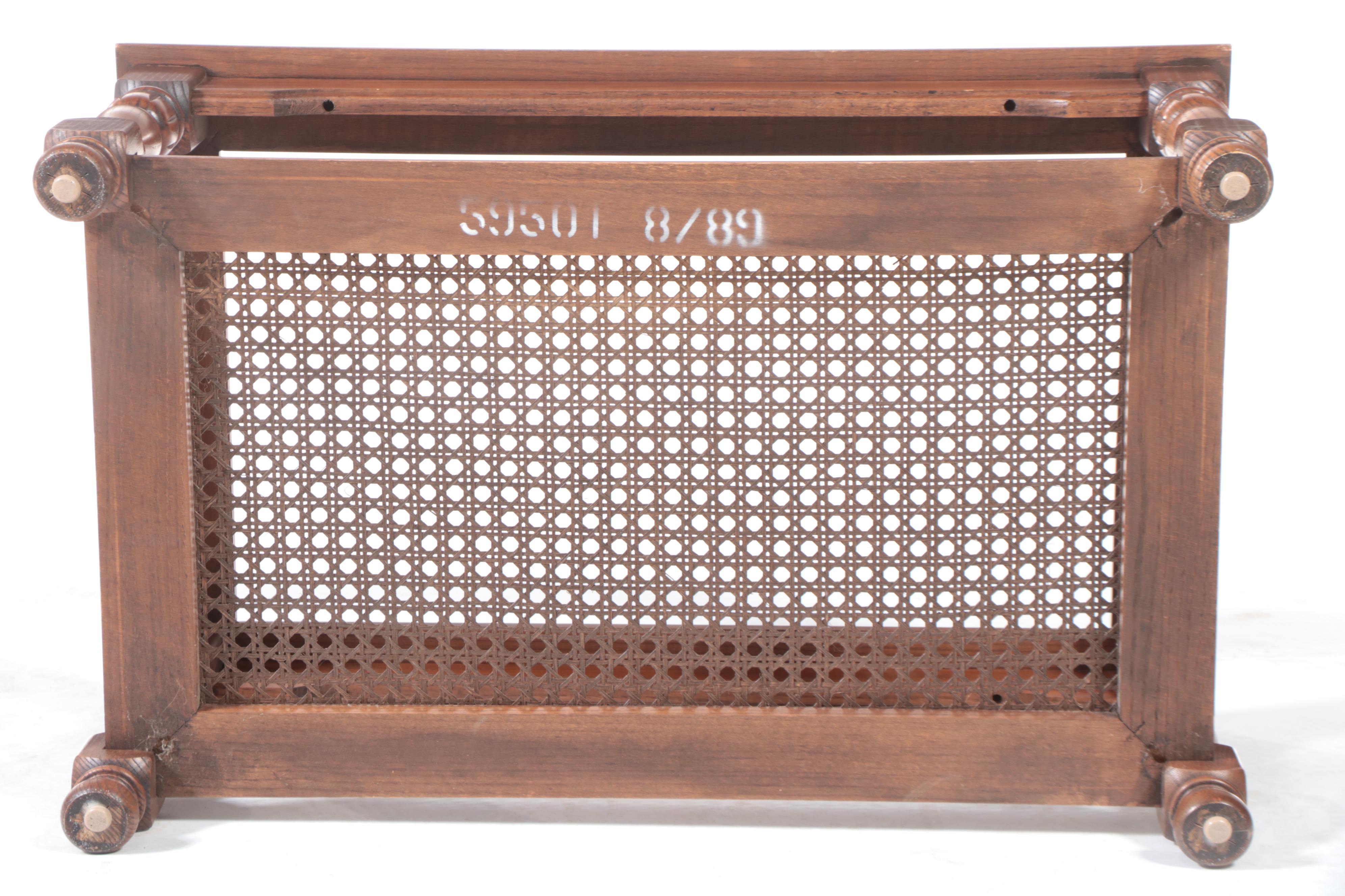 Colonial Style Oak, Caned, and Beveled Glass Coffee Table, Late 20th Century