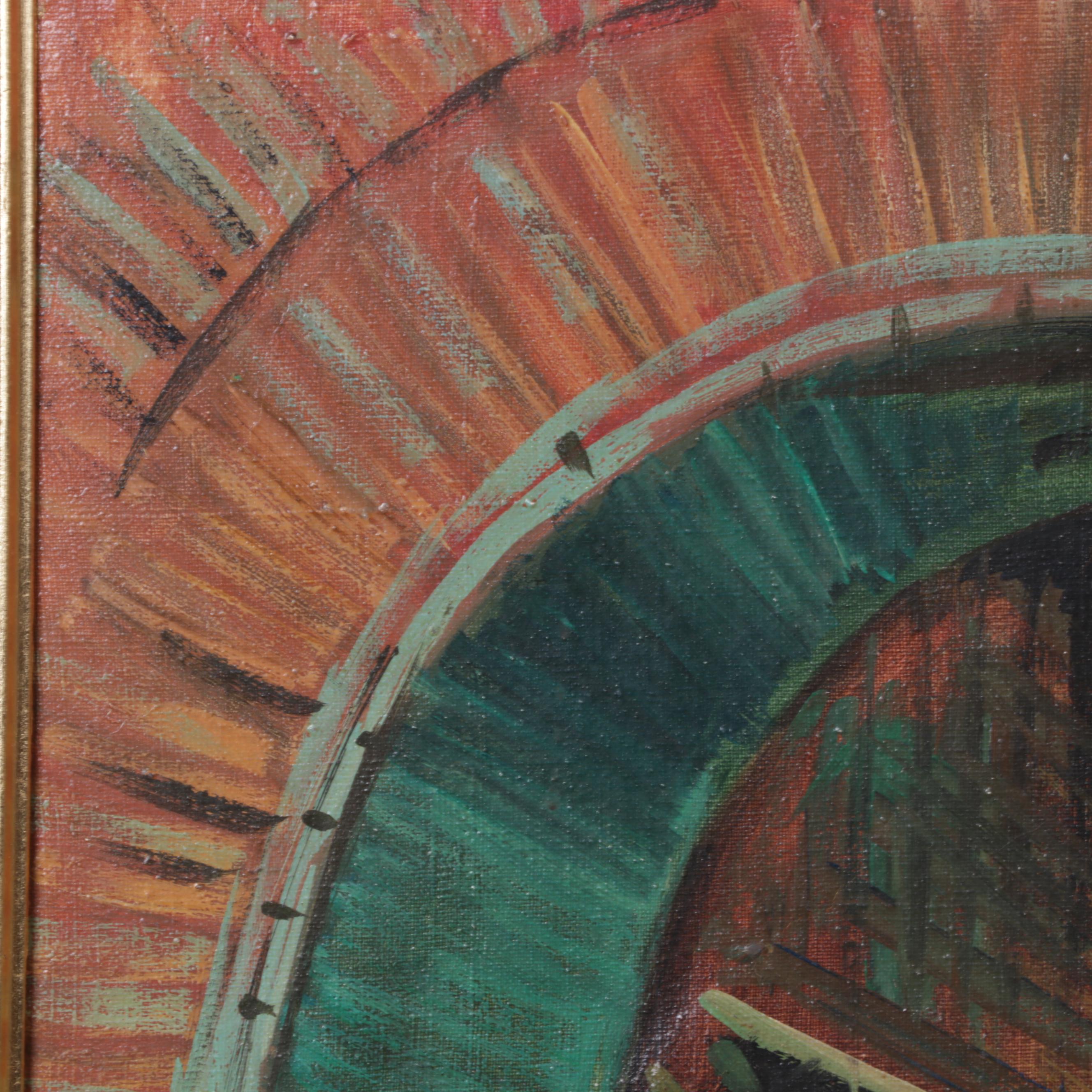 Italian Oil Painting of City Street Scene, Circa 1975