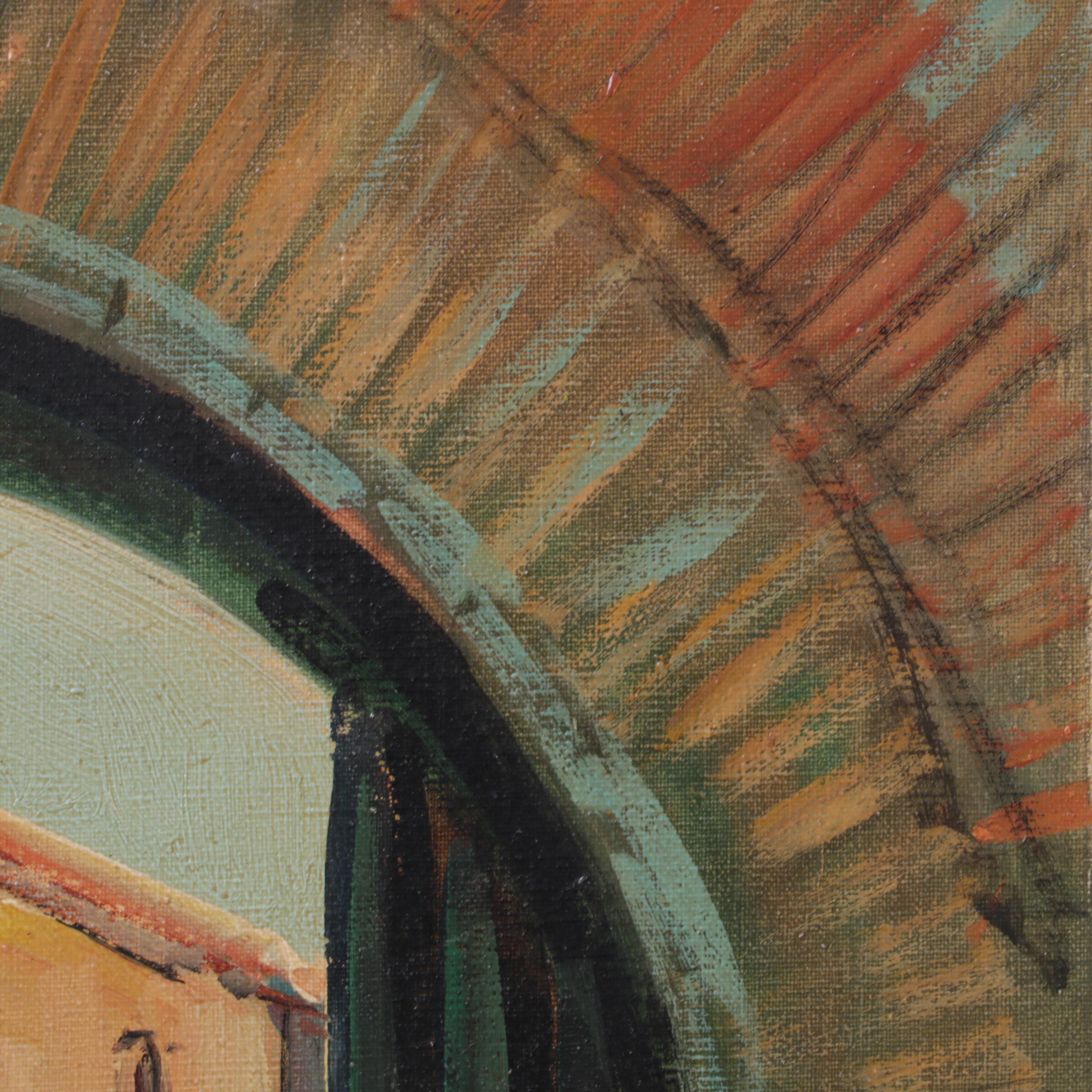 Italian Oil Painting of City Street Scene, Circa 1975