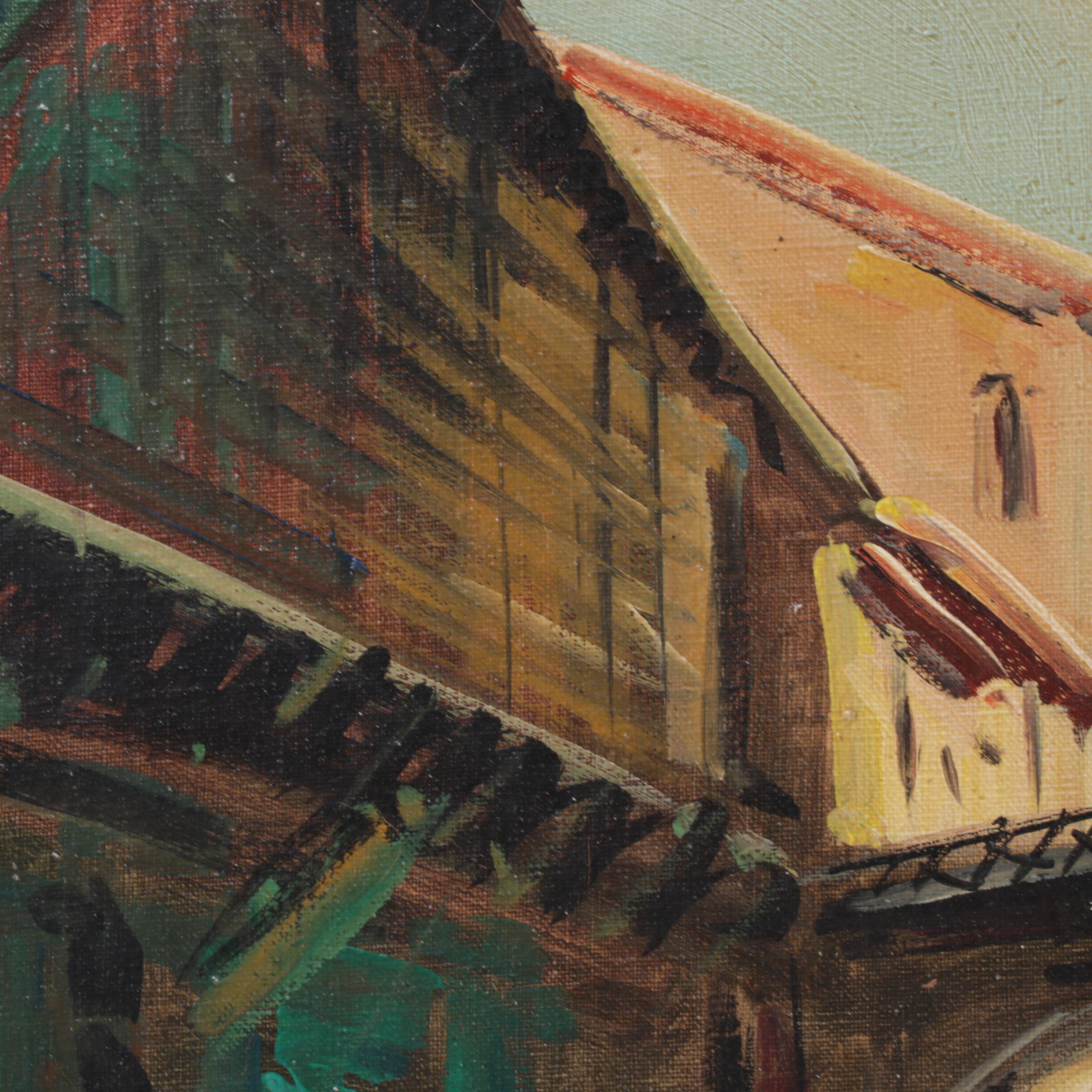 Italian Oil Painting of City Street Scene, Circa 1975