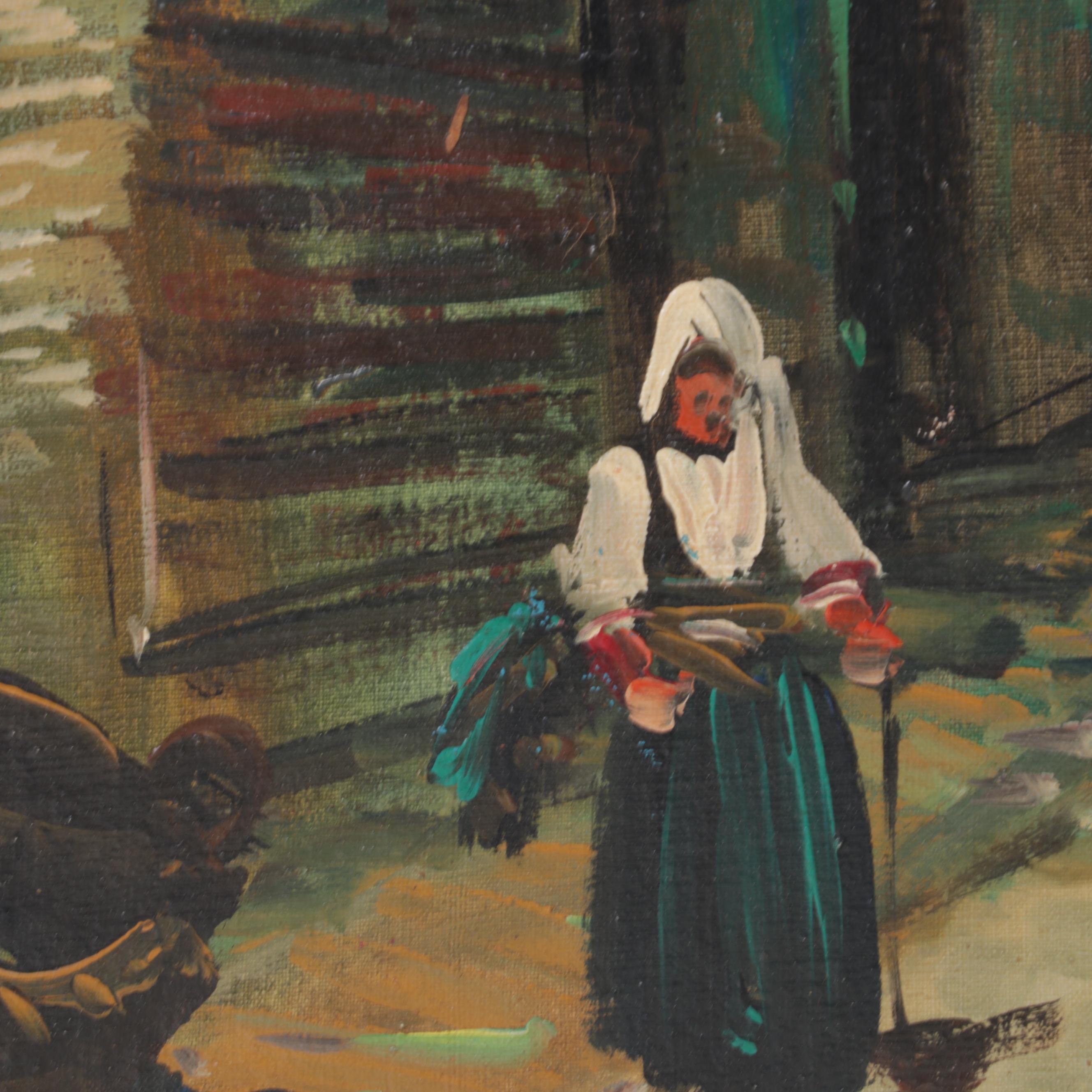 Italian Oil Painting of City Street Scene, Circa 1975