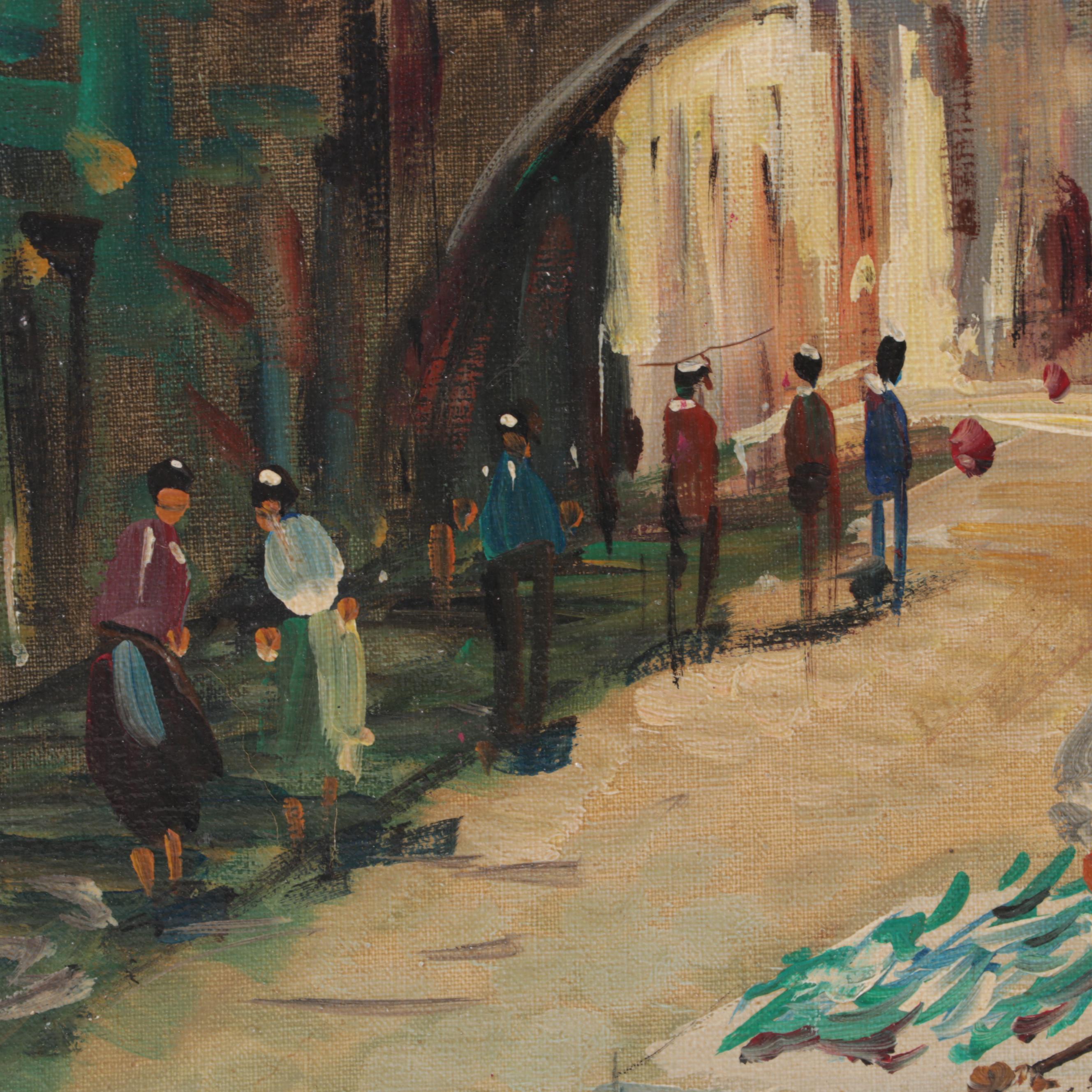 Italian Oil Painting of City Street Scene, Circa 1975