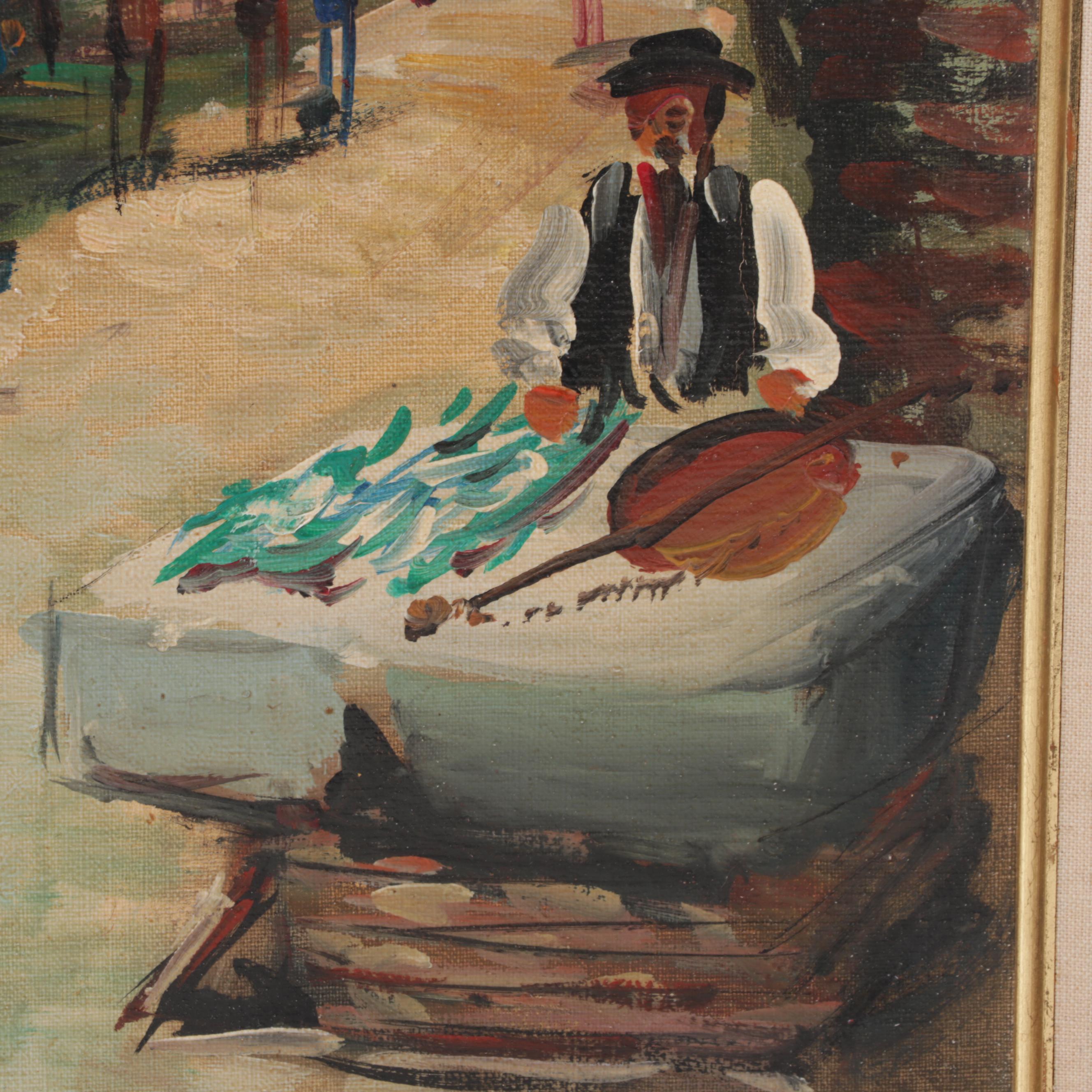 Italian Oil Painting of City Street Scene, Circa 1975