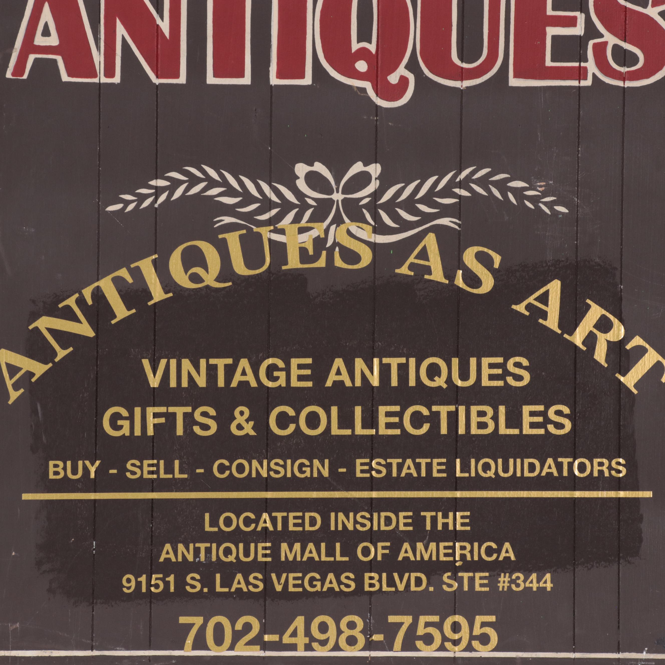 Antiques as Art Hand-Painted Sign With Gold Tone Vinyl Lettering