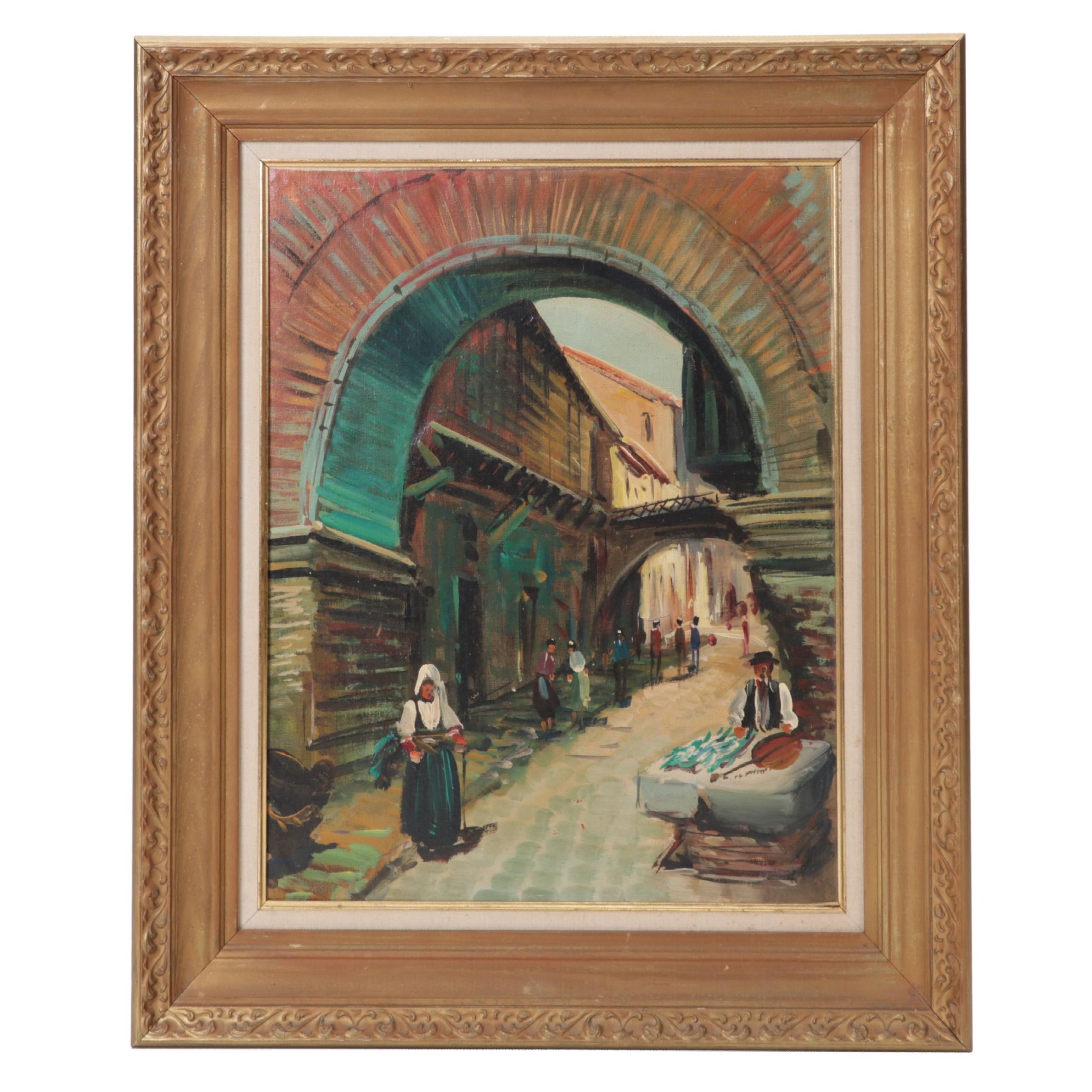 Italian Oil Painting of City Street Scene, Circa 1975