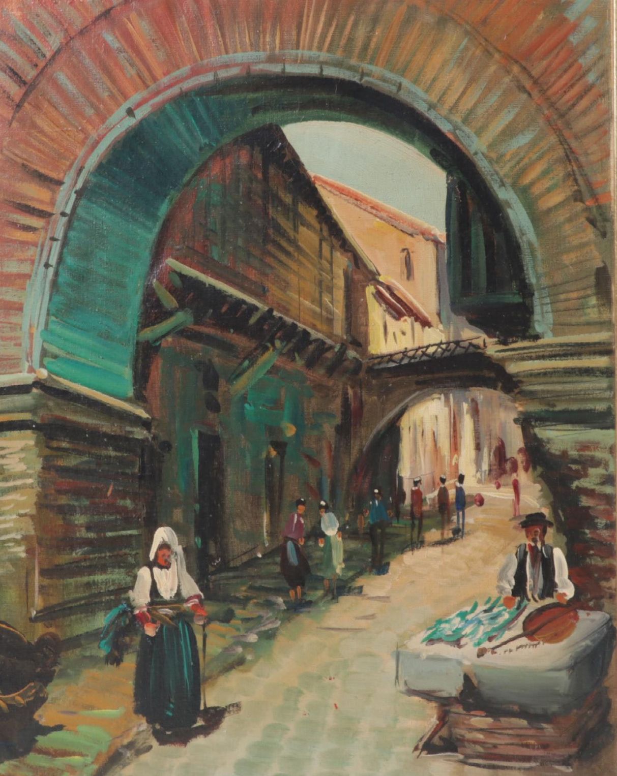 Italian Oil Painting of City Street Scene, Circa 1975