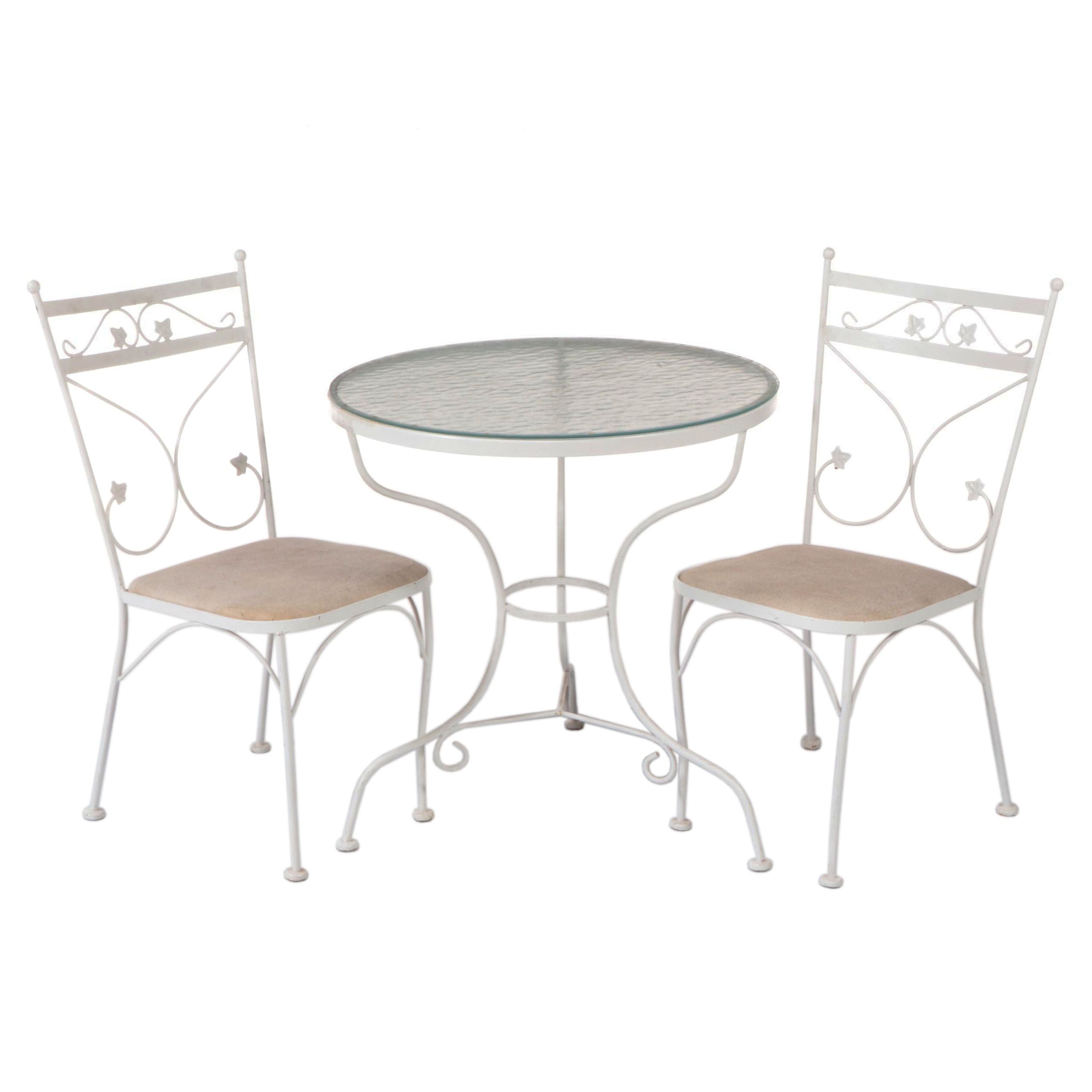 Three-Piece White-Painted Iron Patio Bistro Set, Incl. Plantation Patterns