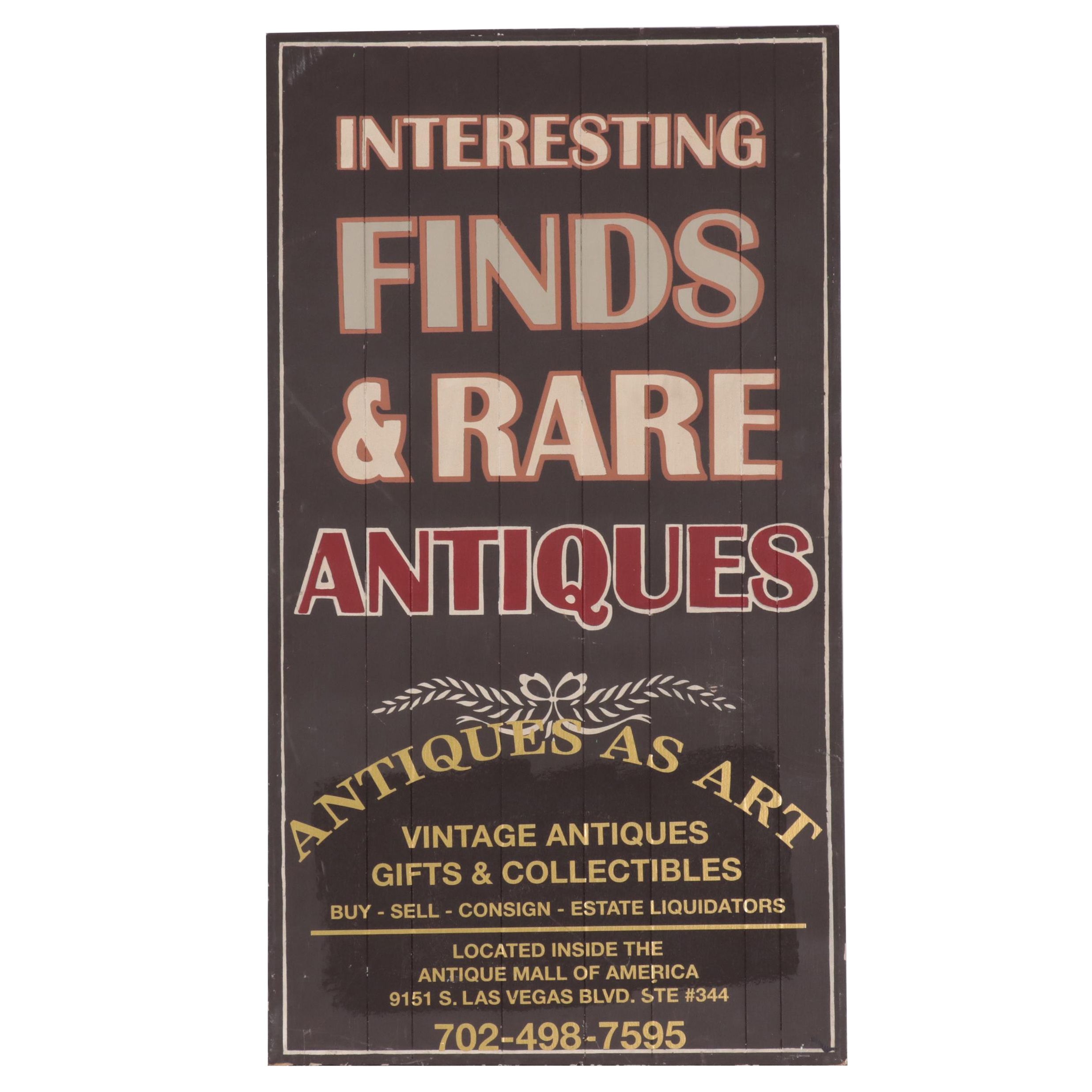 Antiques as Art Hand-Painted Sign With Gold Tone Vinyl Lettering