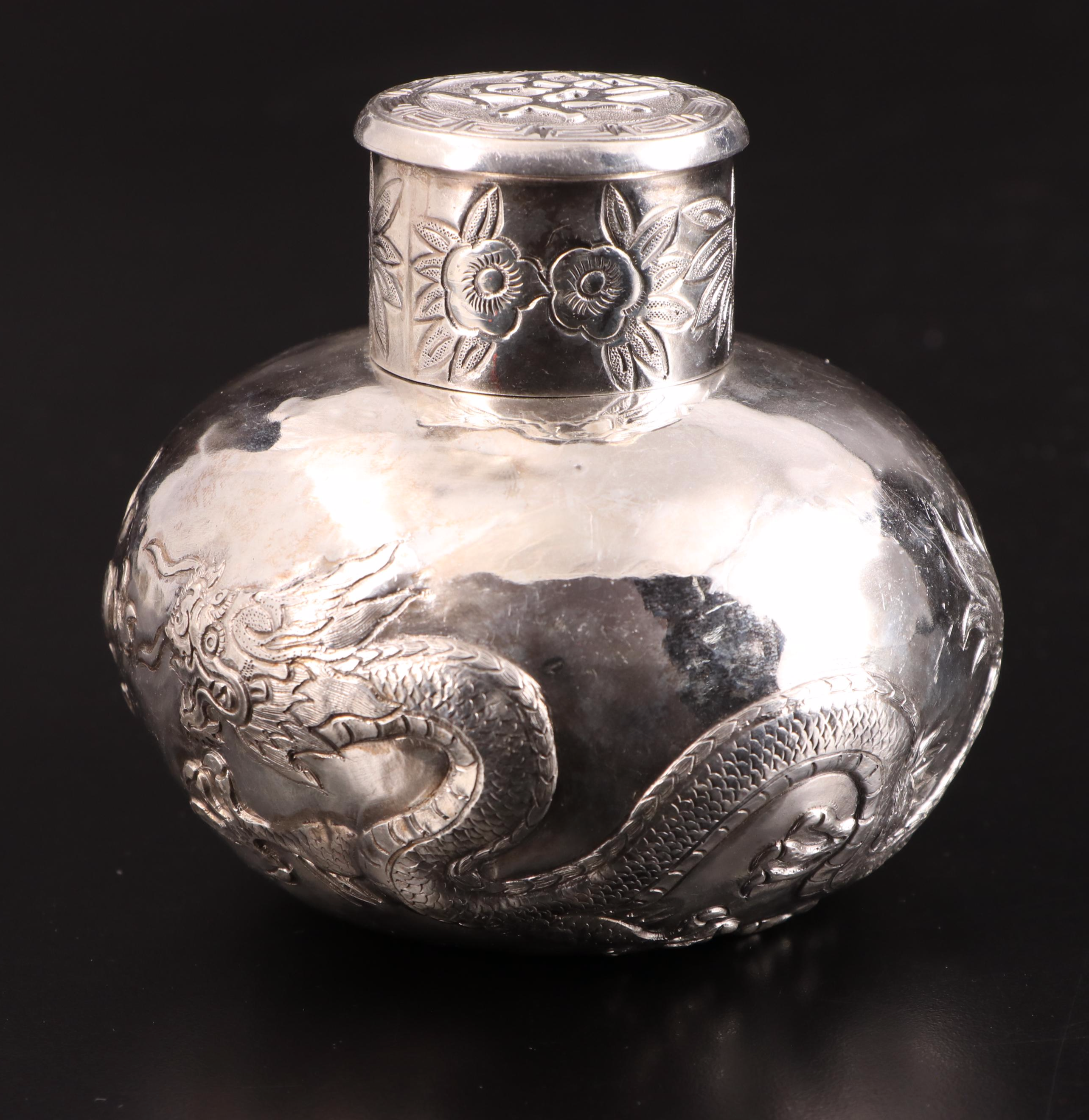 Wing Fat Chinese Export 950 Silver Repoussé Dragon Motif Tea Caddy, circa 1900