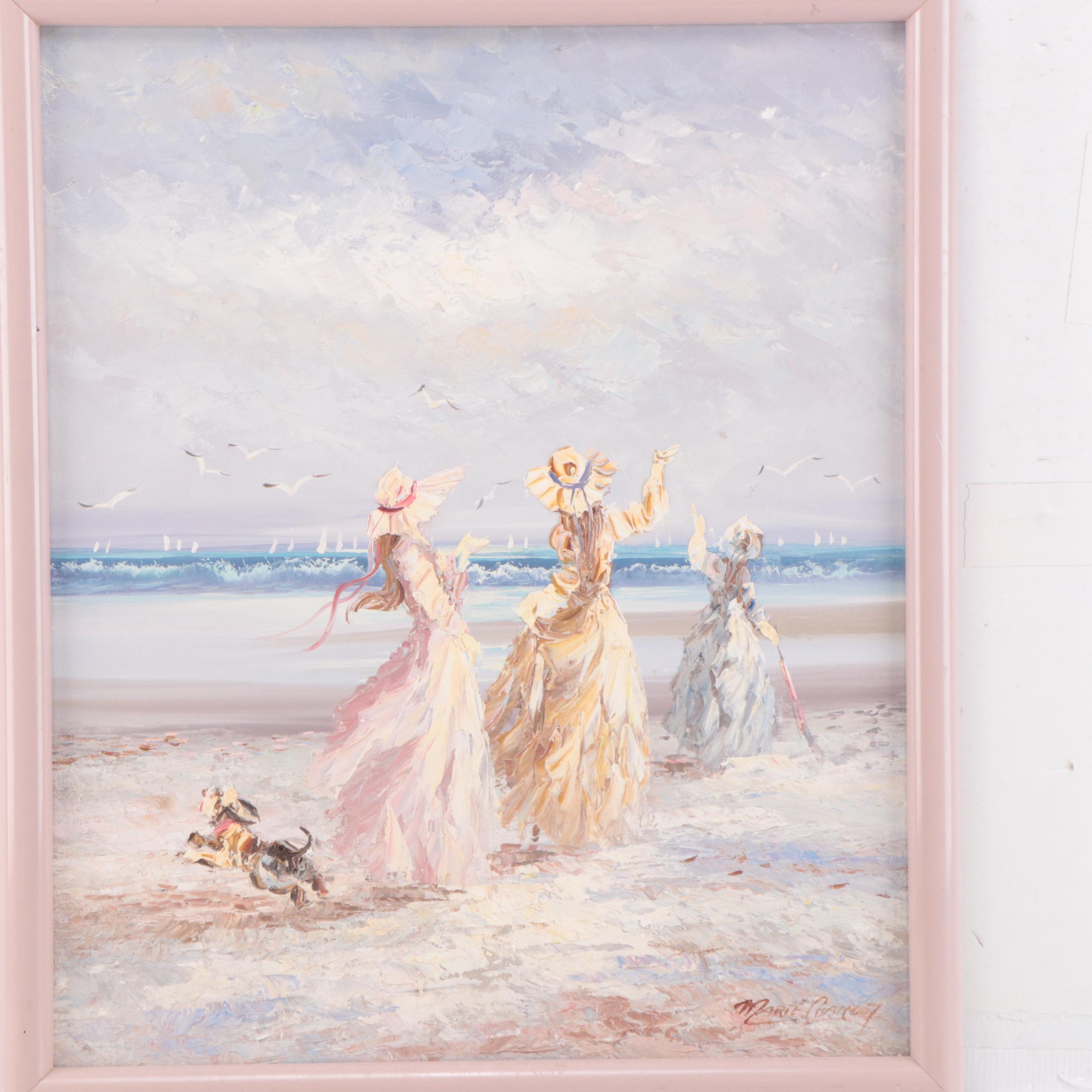 Marie Charlot Impressionistic Impasto Oil Painting of Beach Scene with Ladies