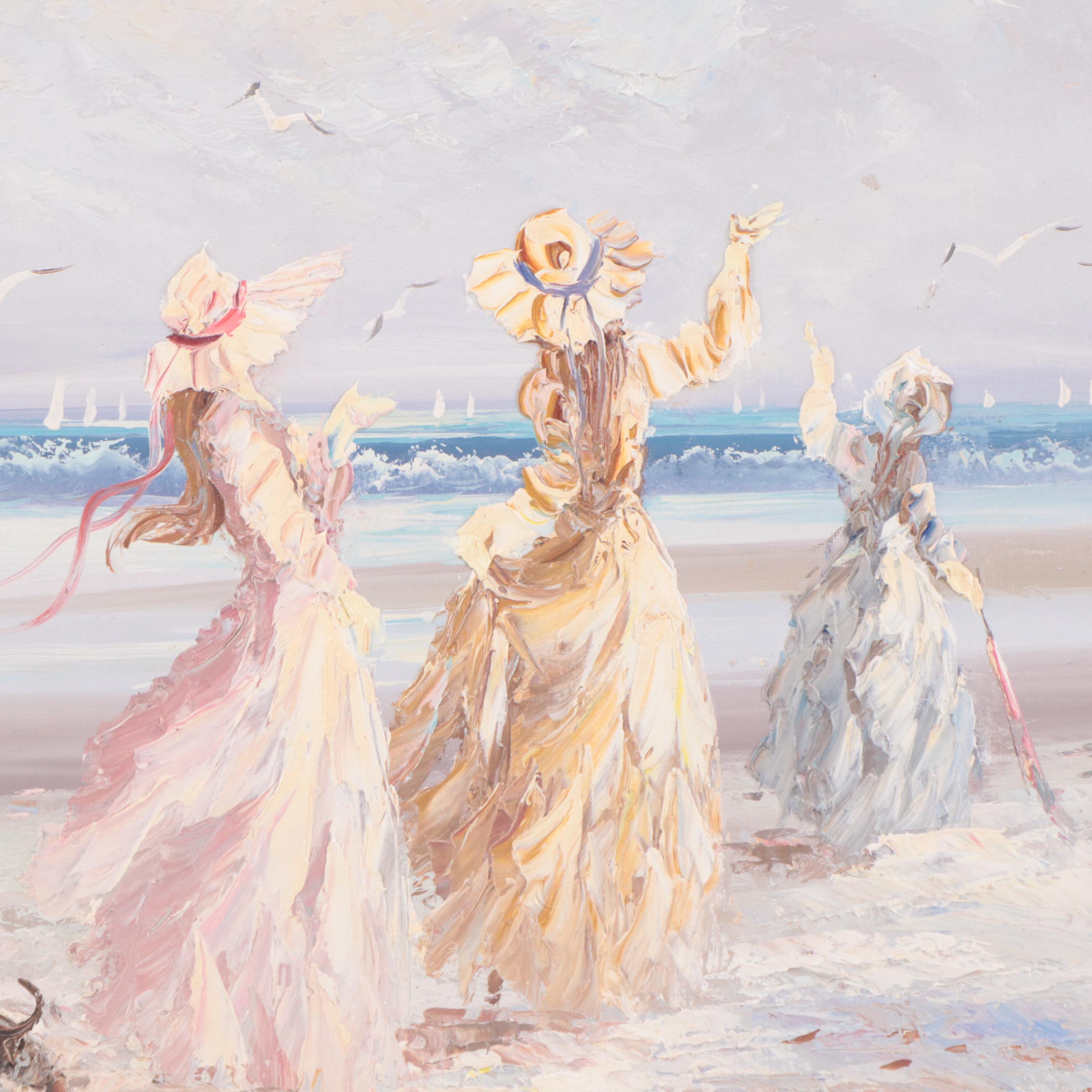 Marie Charlot Impressionistic Impasto Oil Painting of Beach Scene with Ladies