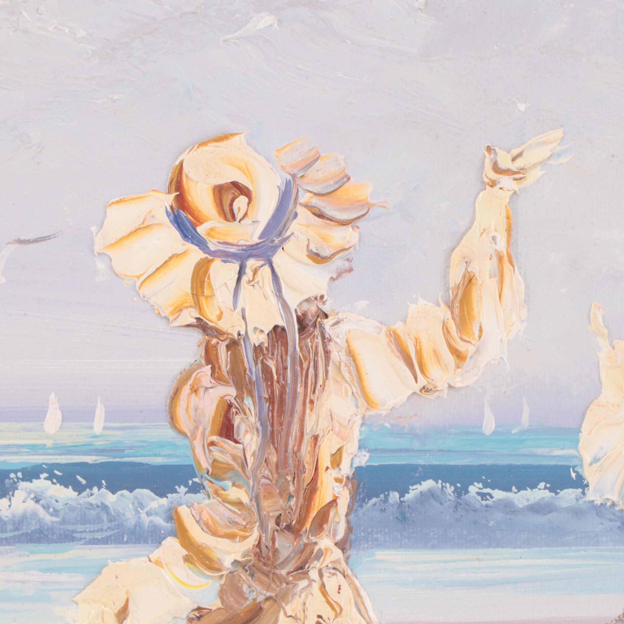 Marie Charlot Impressionistic Impasto Oil Painting of Beach Scene with Ladies