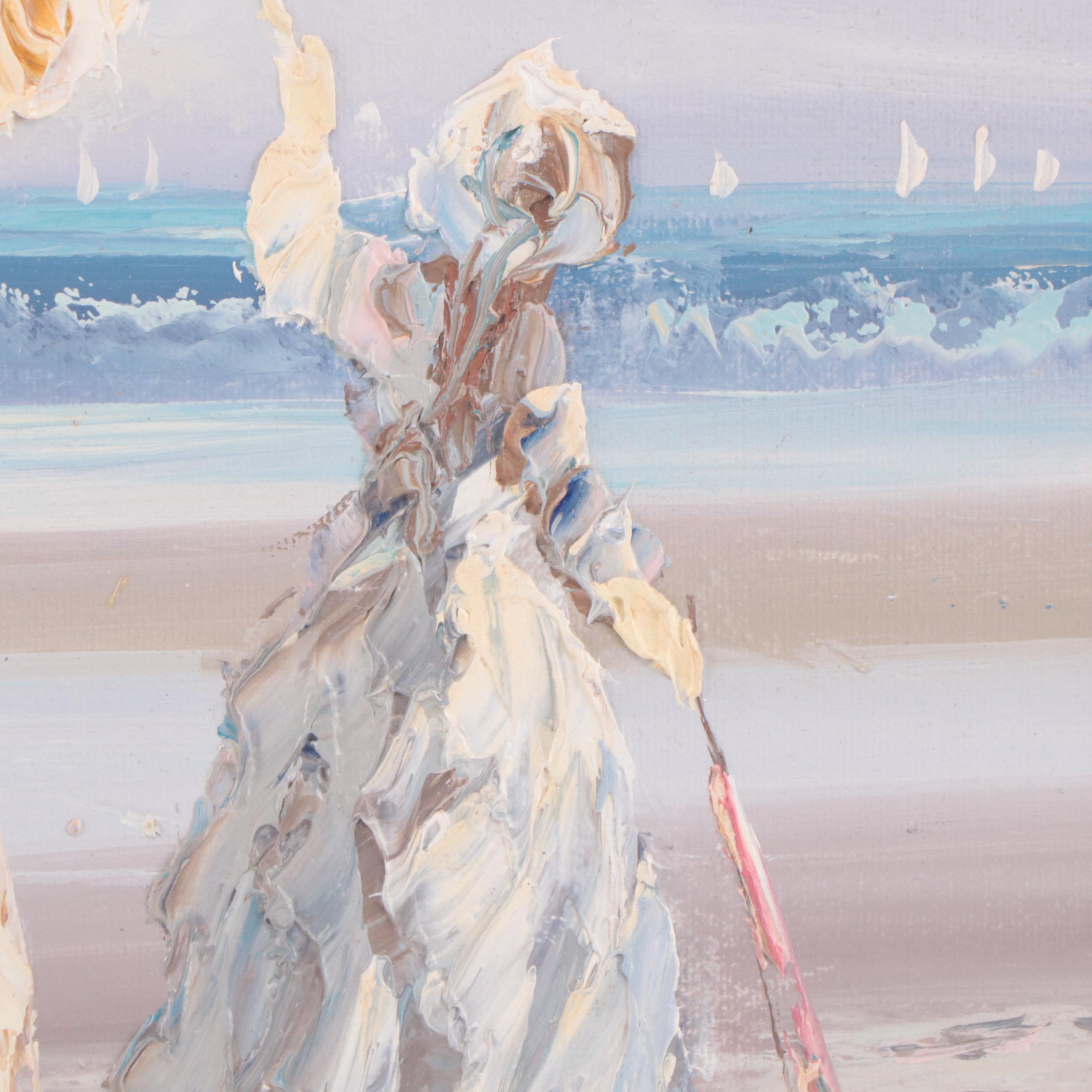 Marie Charlot Impressionistic Impasto Oil Painting of Beach Scene with Ladies