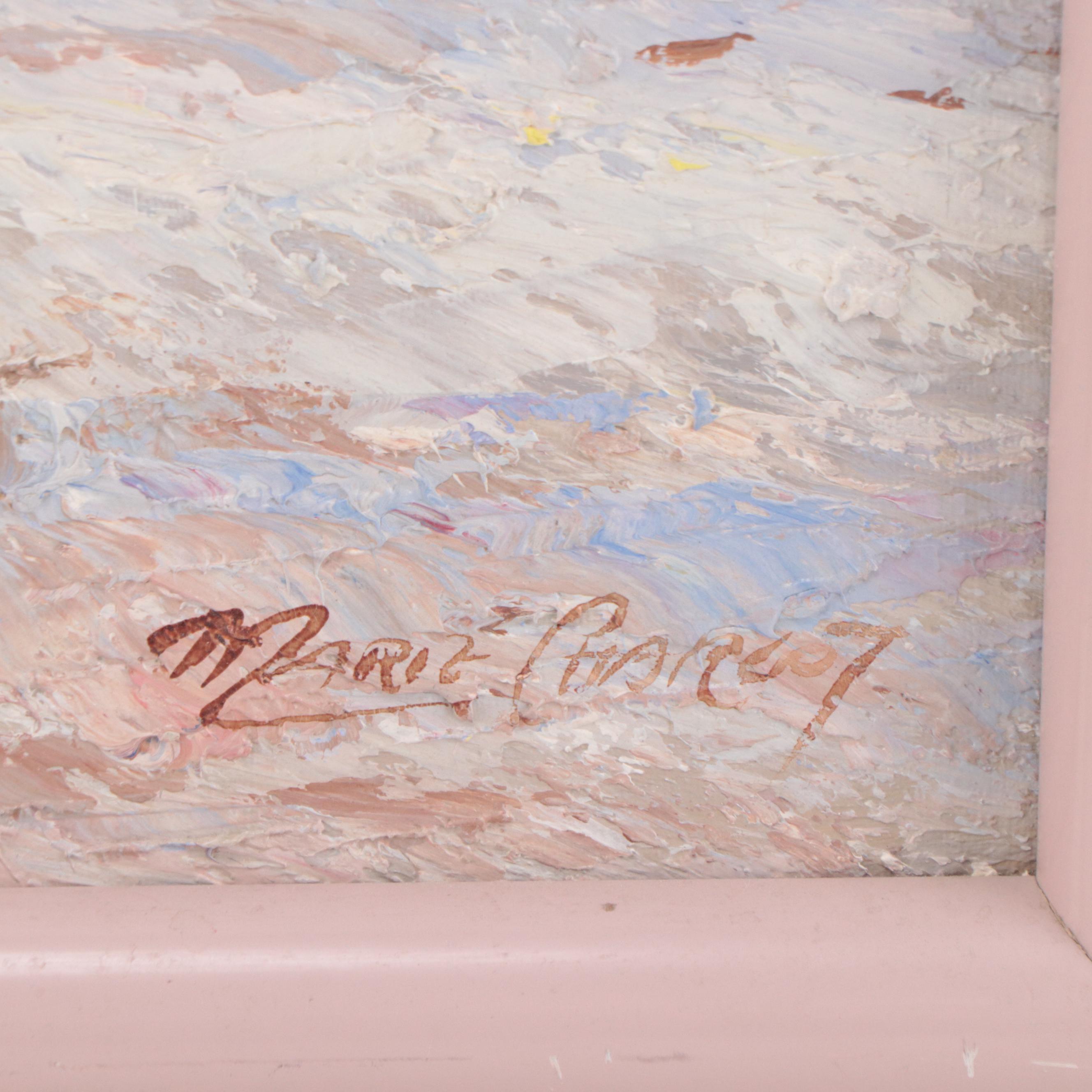 Marie Charlot Impressionistic Impasto Oil Painting of Beach Scene with Ladies