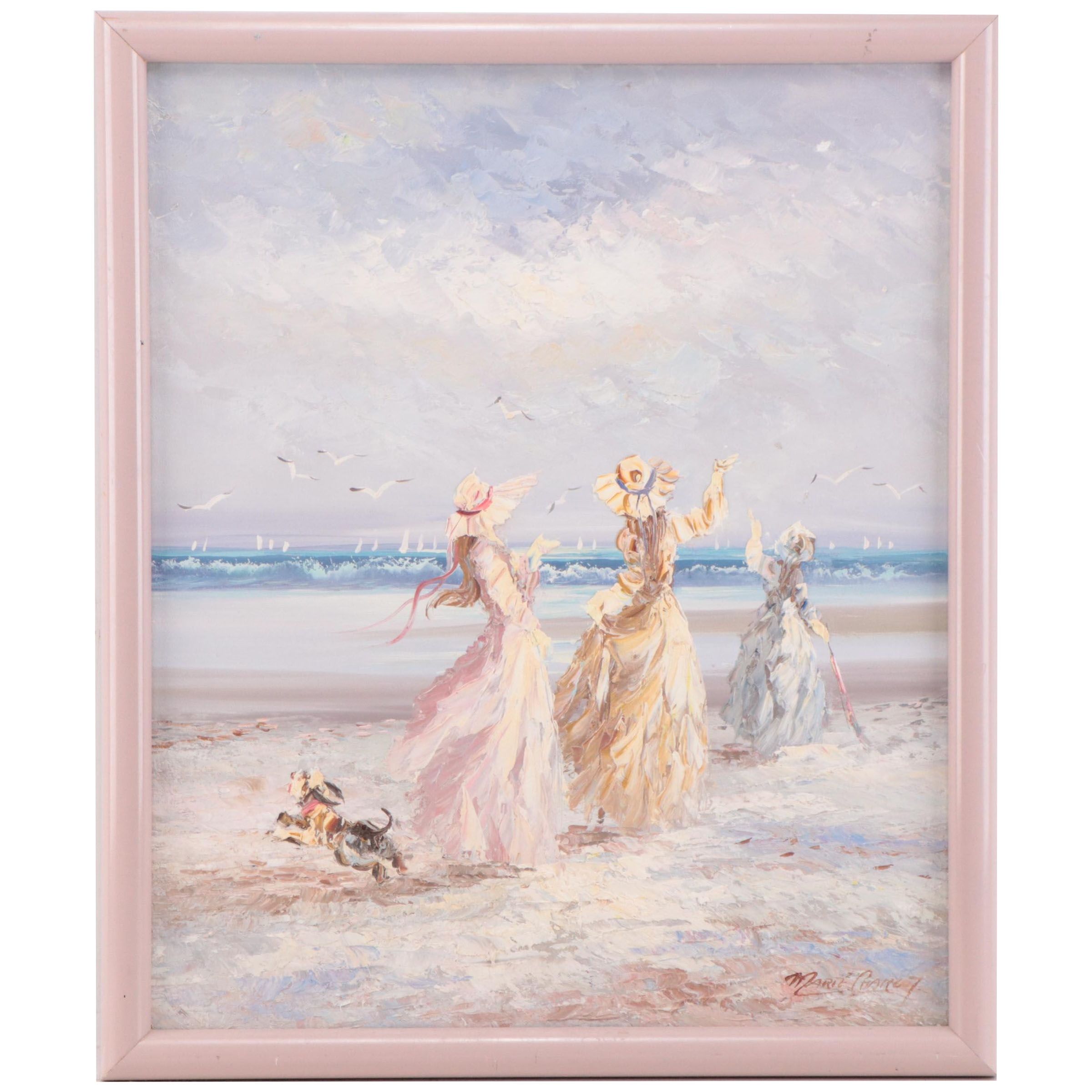 Marie Charlot Impressionistic Impasto Oil Painting of Beach Scene with Ladies