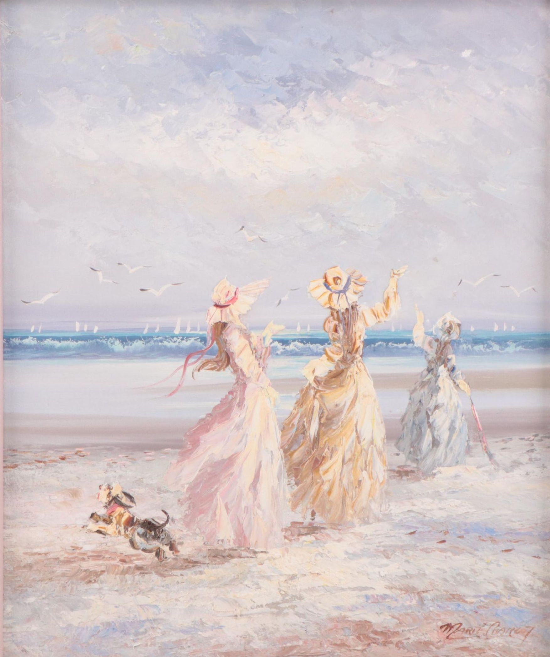 Marie Charlot Impressionistic Impasto Oil Painting of Beach Scene with Ladies