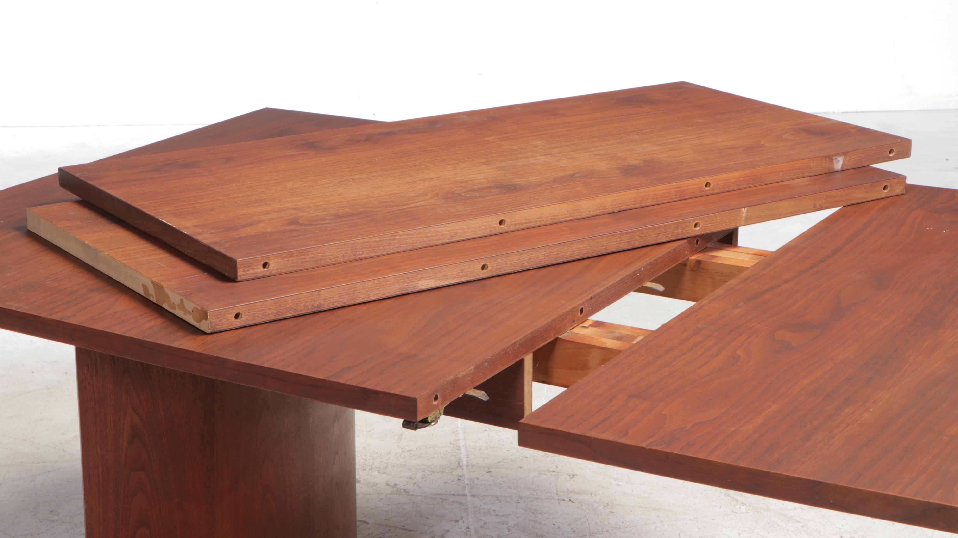 Mid Century Modern Walnut Dining Table Plus Four Contemporary Side Chairs