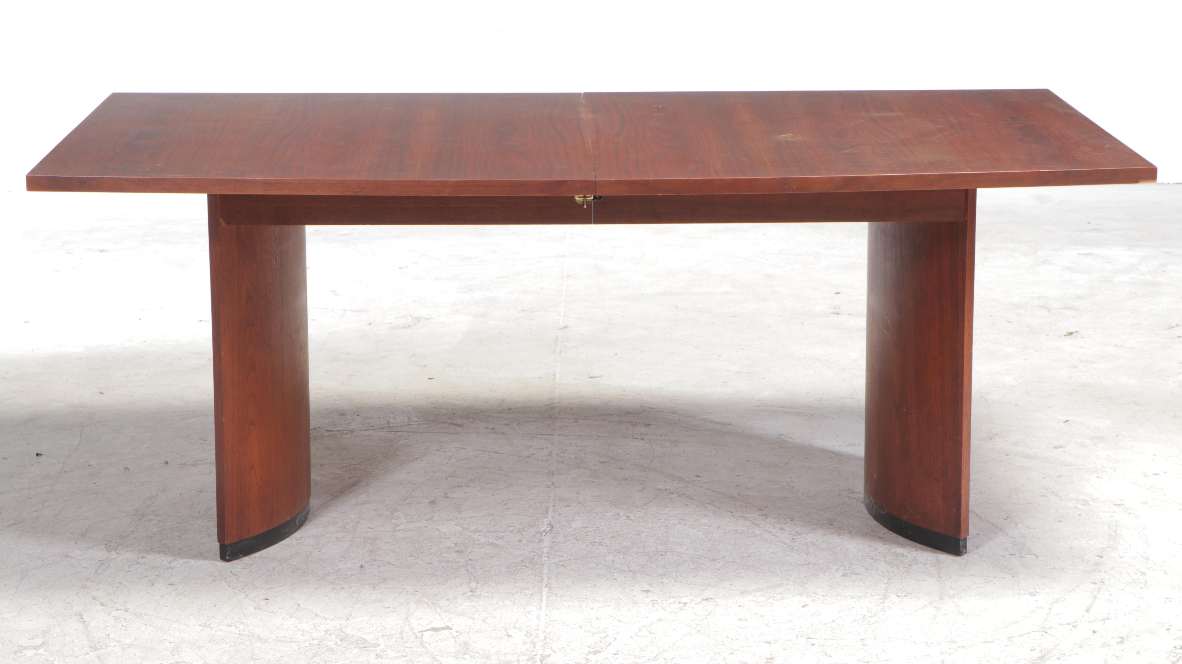 Mid Century Modern Walnut Dining Table Plus Four Contemporary Side Chairs