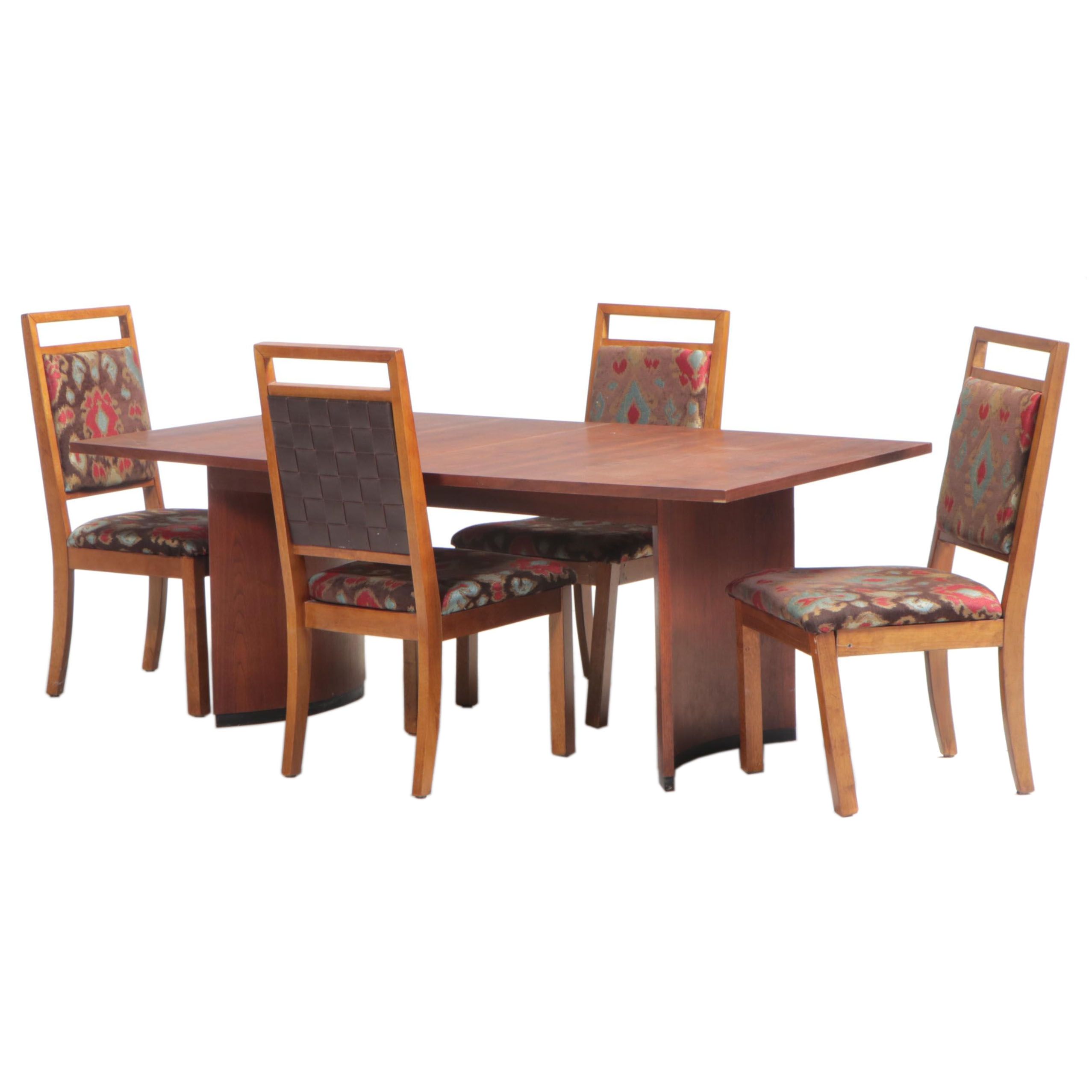 Mid Century Modern Walnut Dining Table Plus Four Contemporary Side Chairs