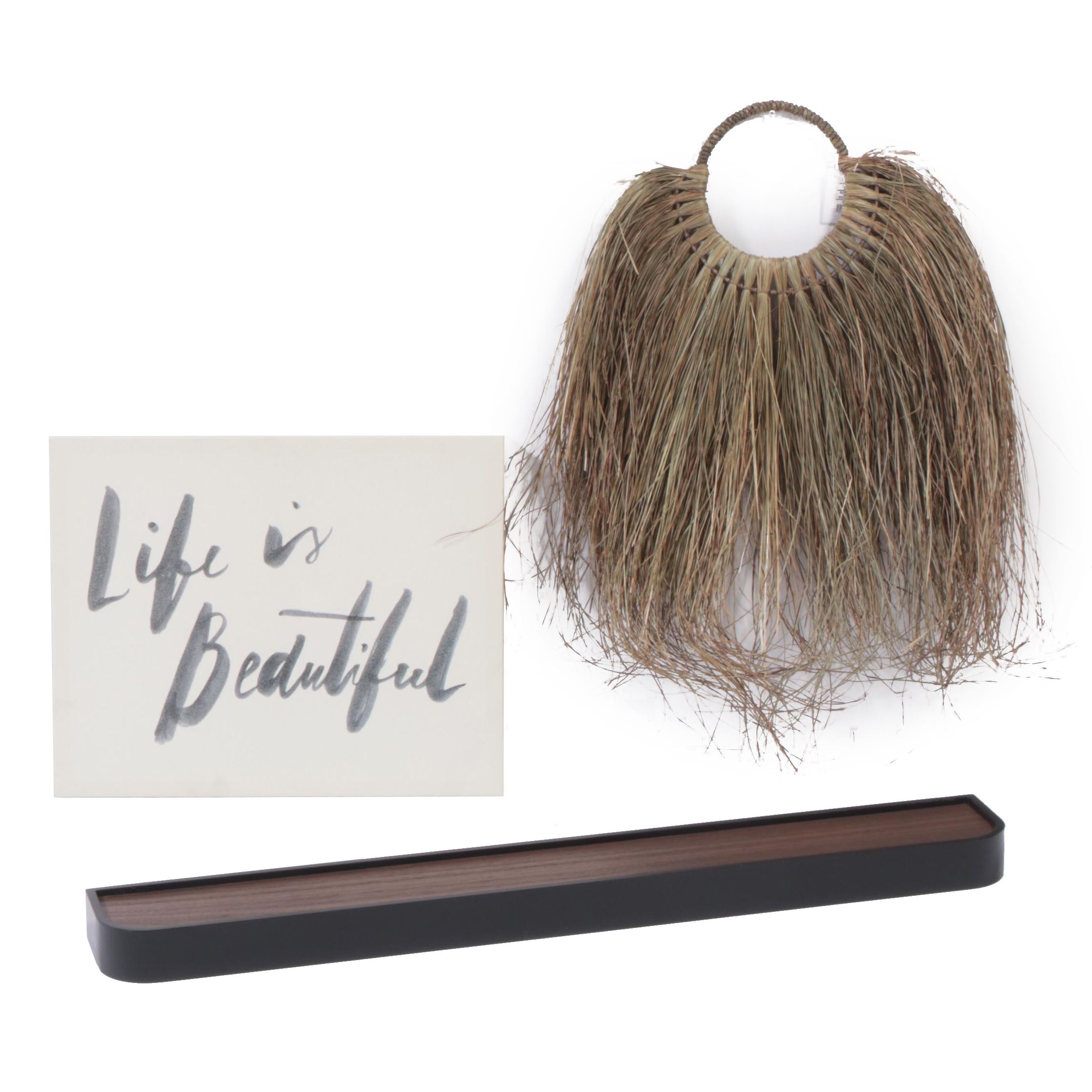 Threshold Routed Wood Wall Shelf, "Life is Beautiful" Canvas and Grass Décor