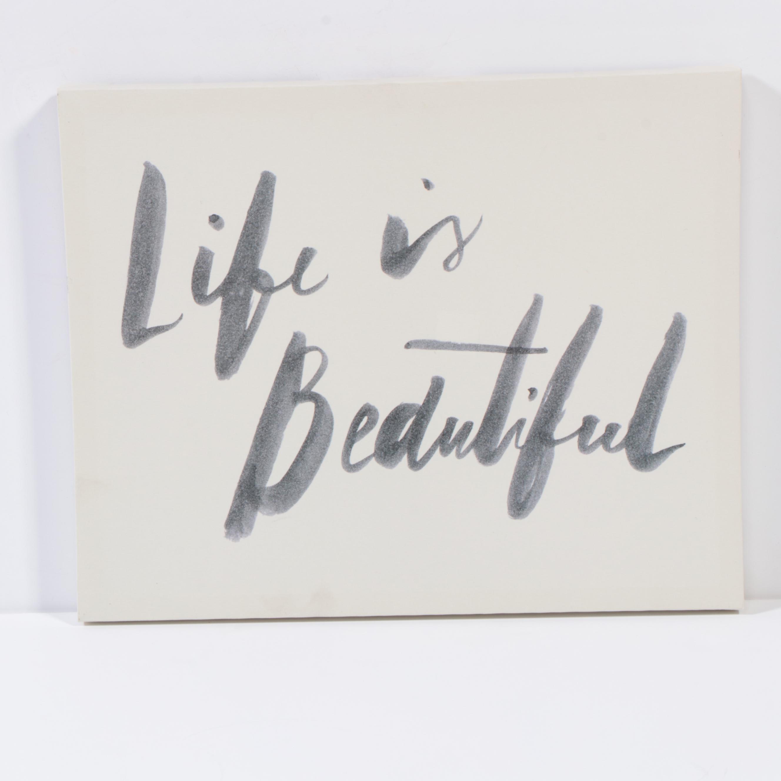 Threshold Routed Wood Wall Shelf, "Life is Beautiful" Canvas, and Grass Décor