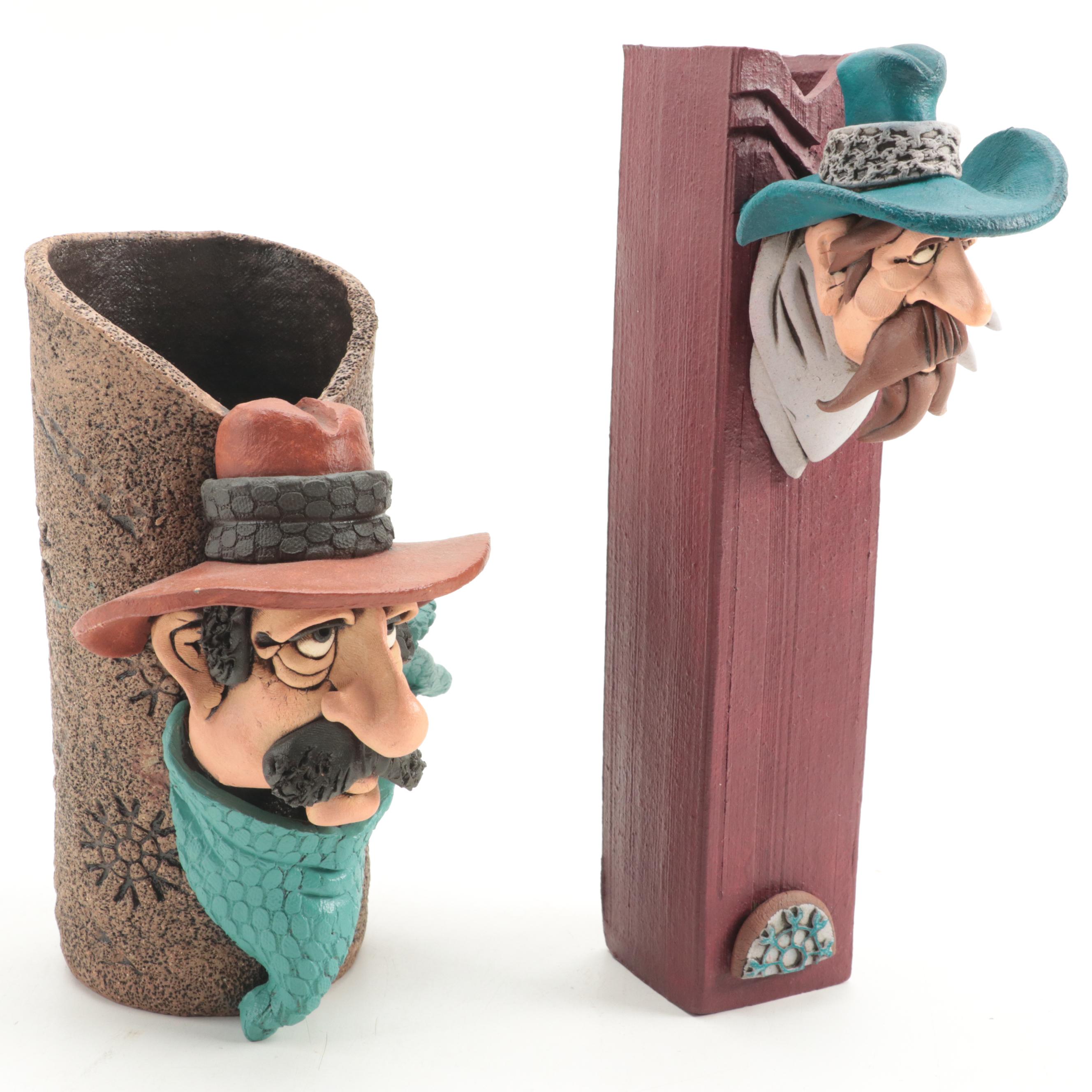 Signed Rex Benson Stoneware Cowboy Vase and Wall Pocket