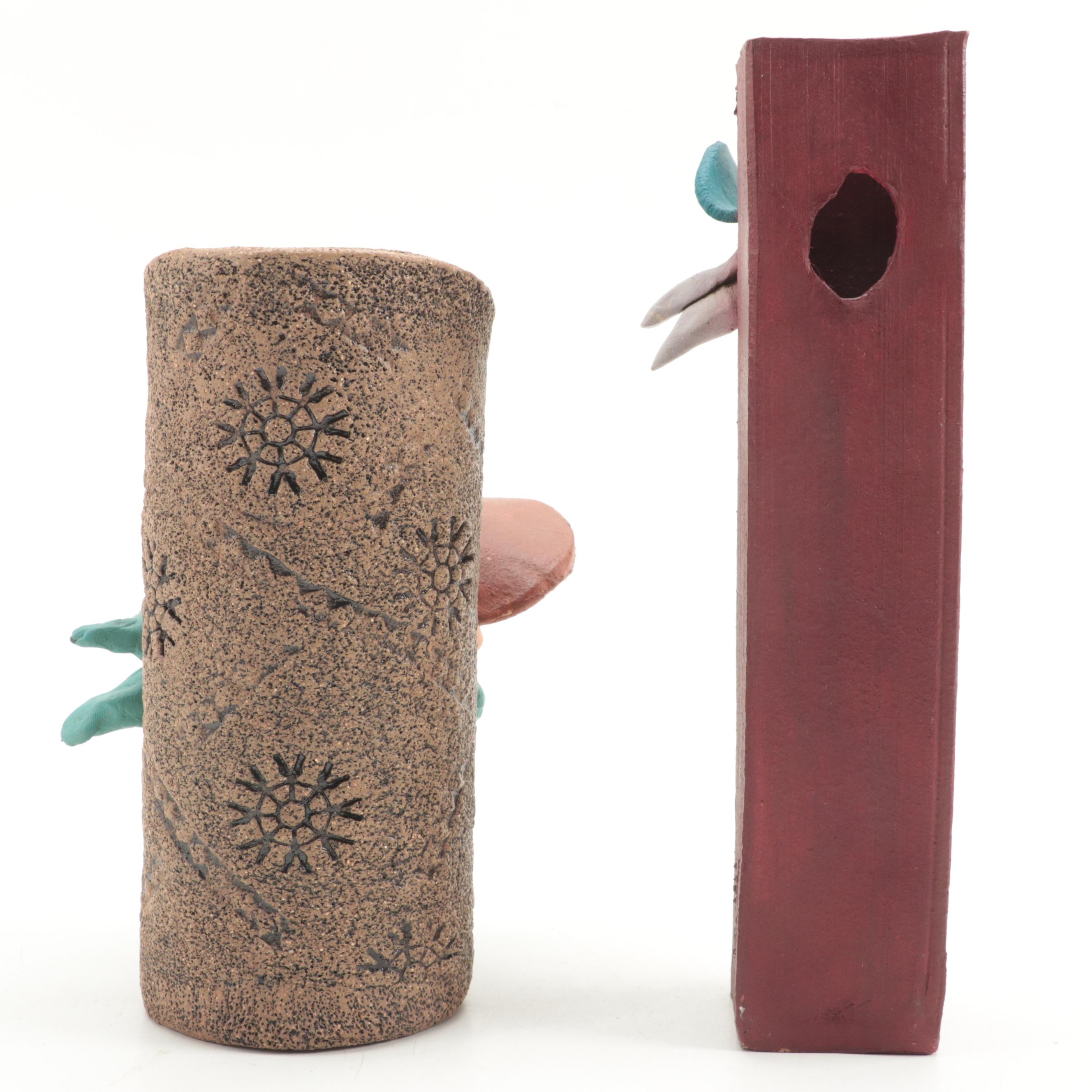 Signed Rex Benson Stoneware Cowboy Vase and Wall Pocket