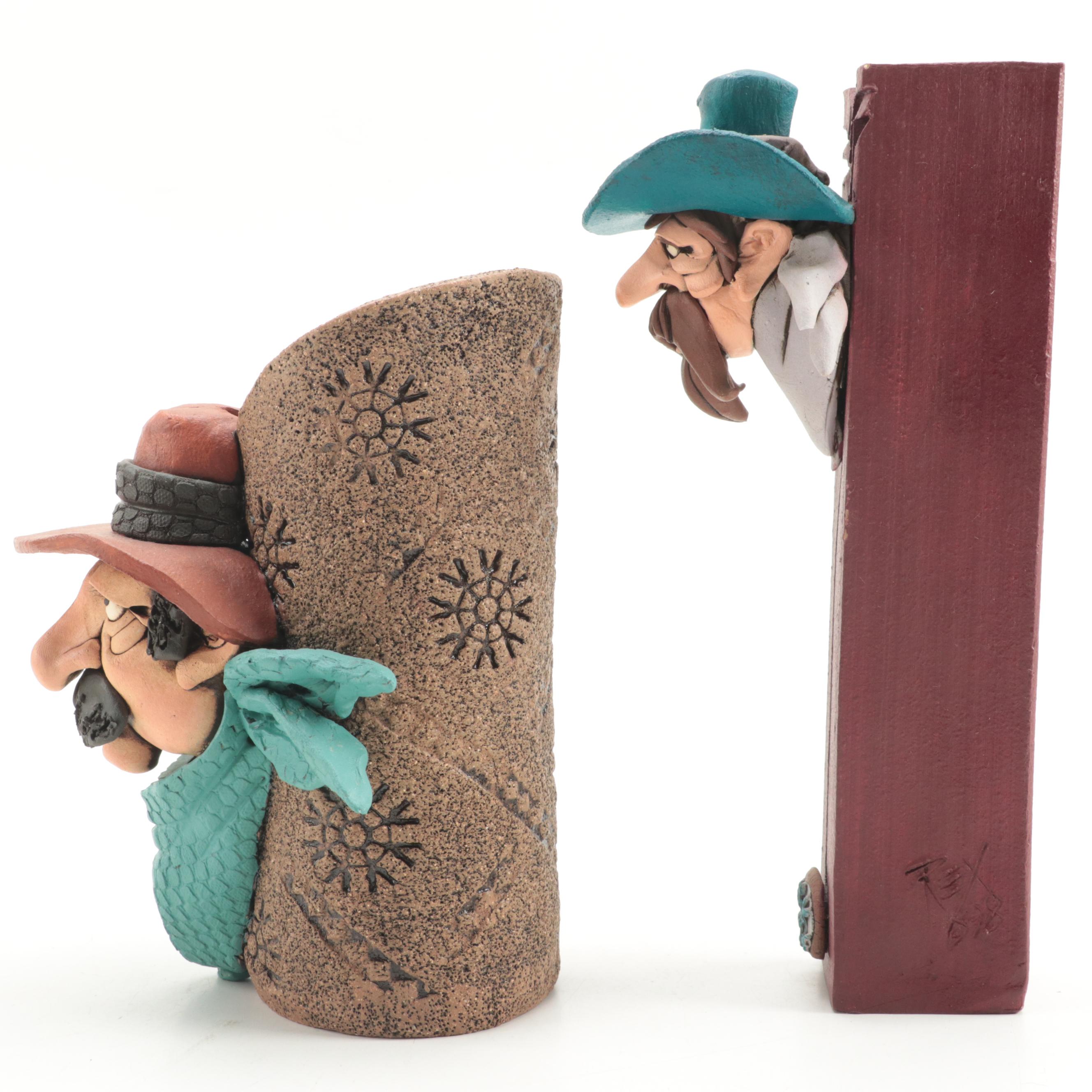 Signed Rex Benson Stoneware Cowboy Vase and Wall Pocket