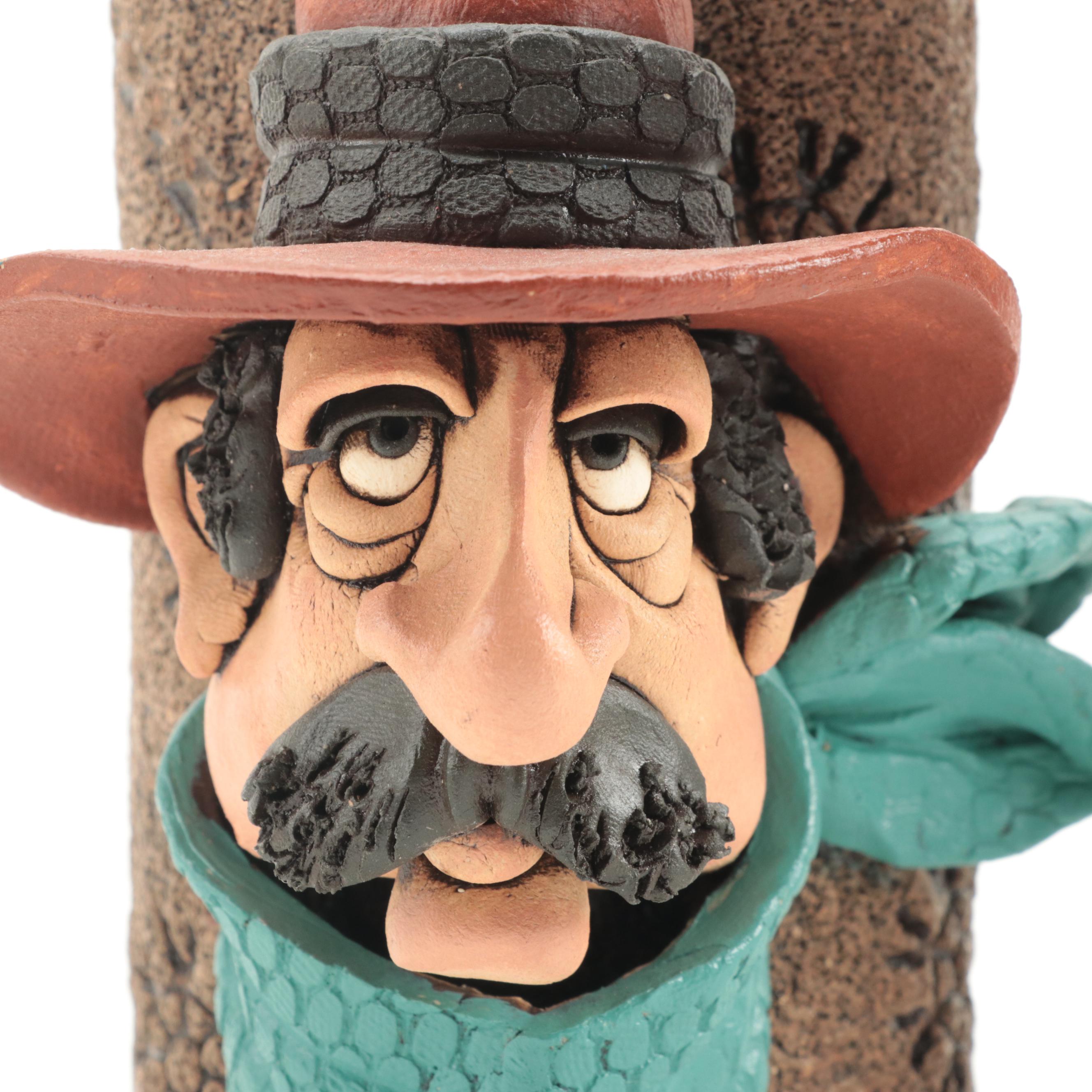 Signed Rex Benson Stoneware Cowboy Vase and Wall Pocket