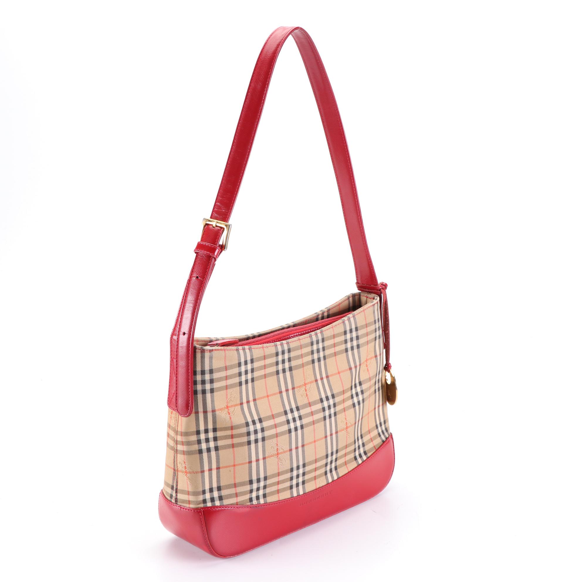 Burberry Small Shoulder Bag in Haymarket Check Gabardine/Red Crossgrain Leather