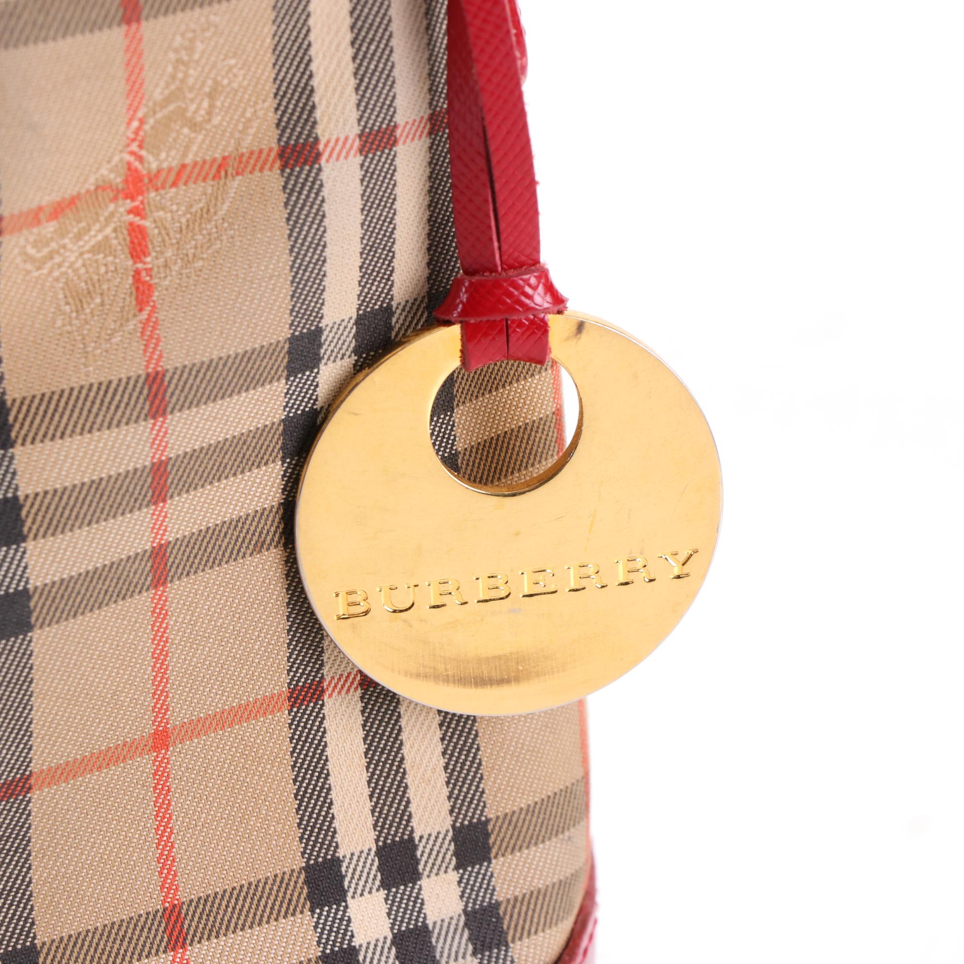Burberry Small Shoulder Bag in Haymarket Check Gabardine/Red Crossgrain Leather