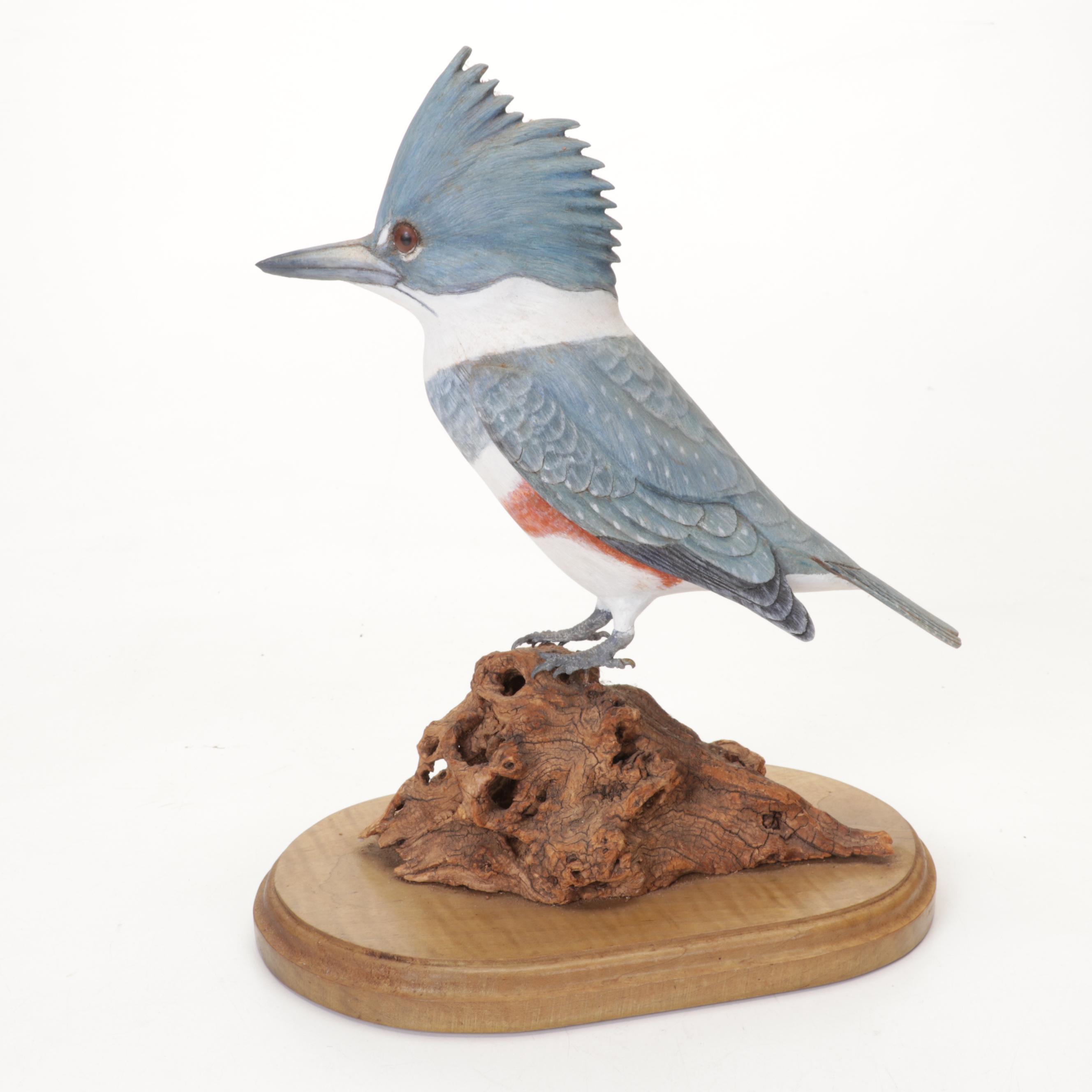 Belted Kingfisher and Red-Tailed Hawk Figurines With Wood Stands