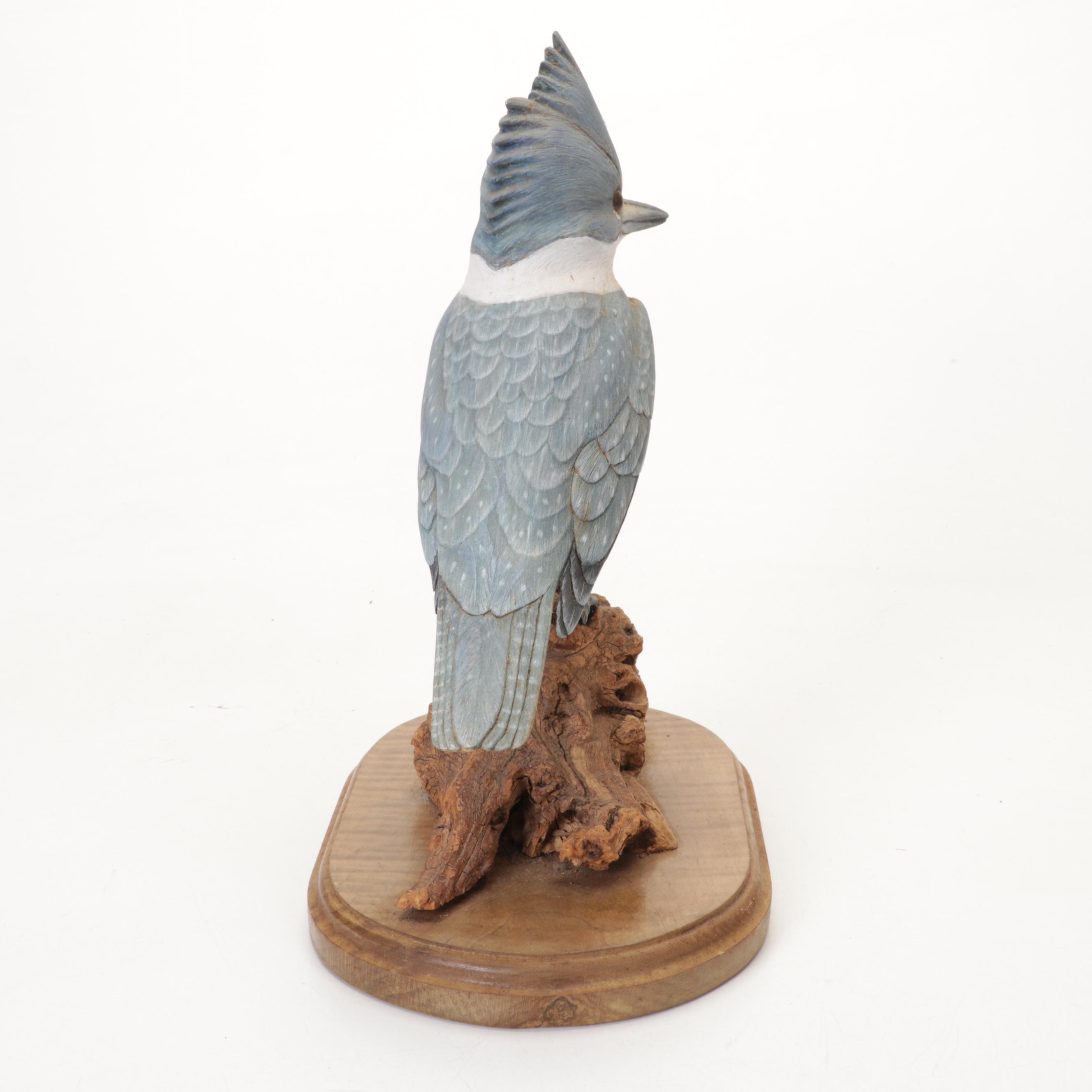 Belted Kingfisher and Red-Tailed Hawk Figurines With Wood Stands