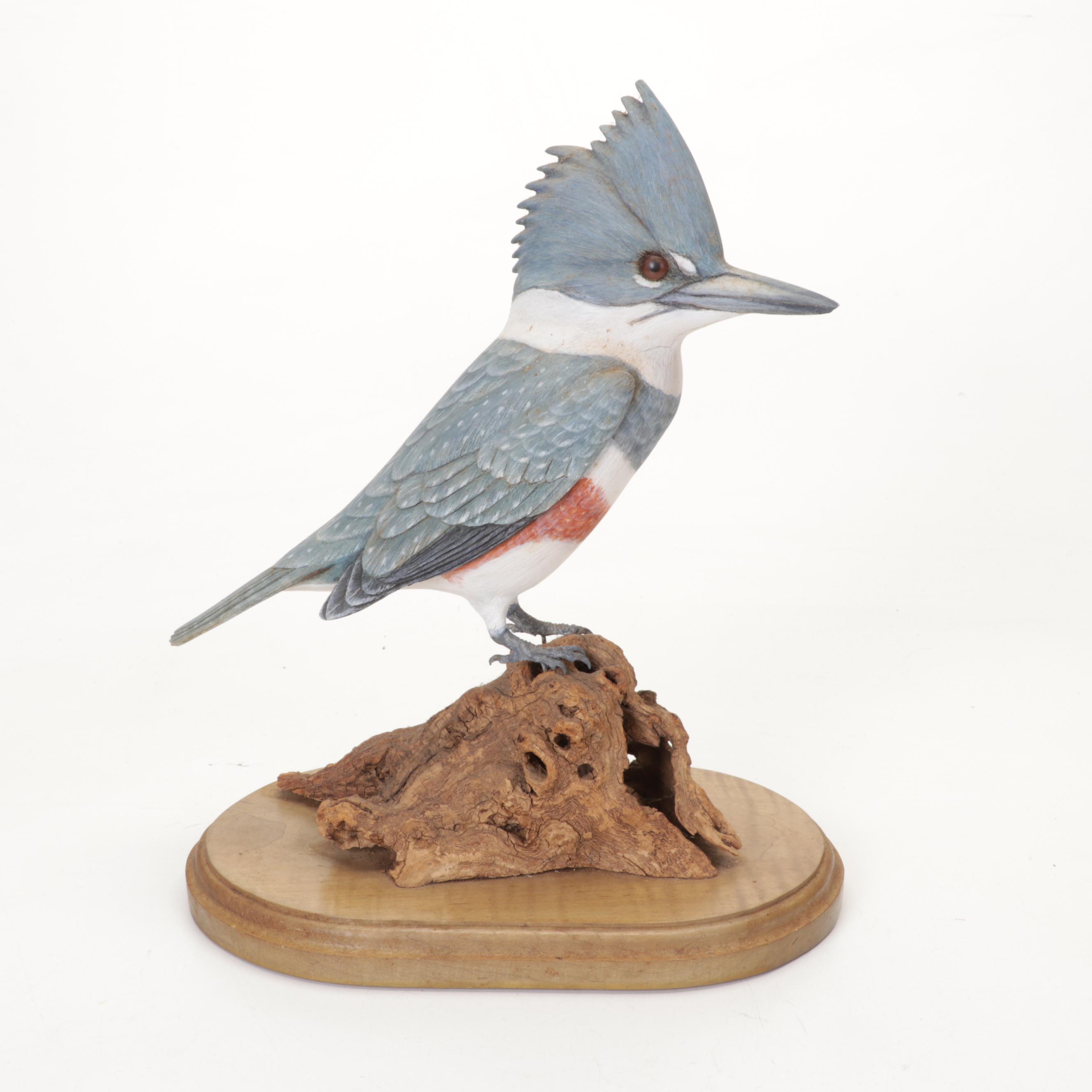 Belted Kingfisher and Red-Tailed Hawk Figurines With Wood Stands