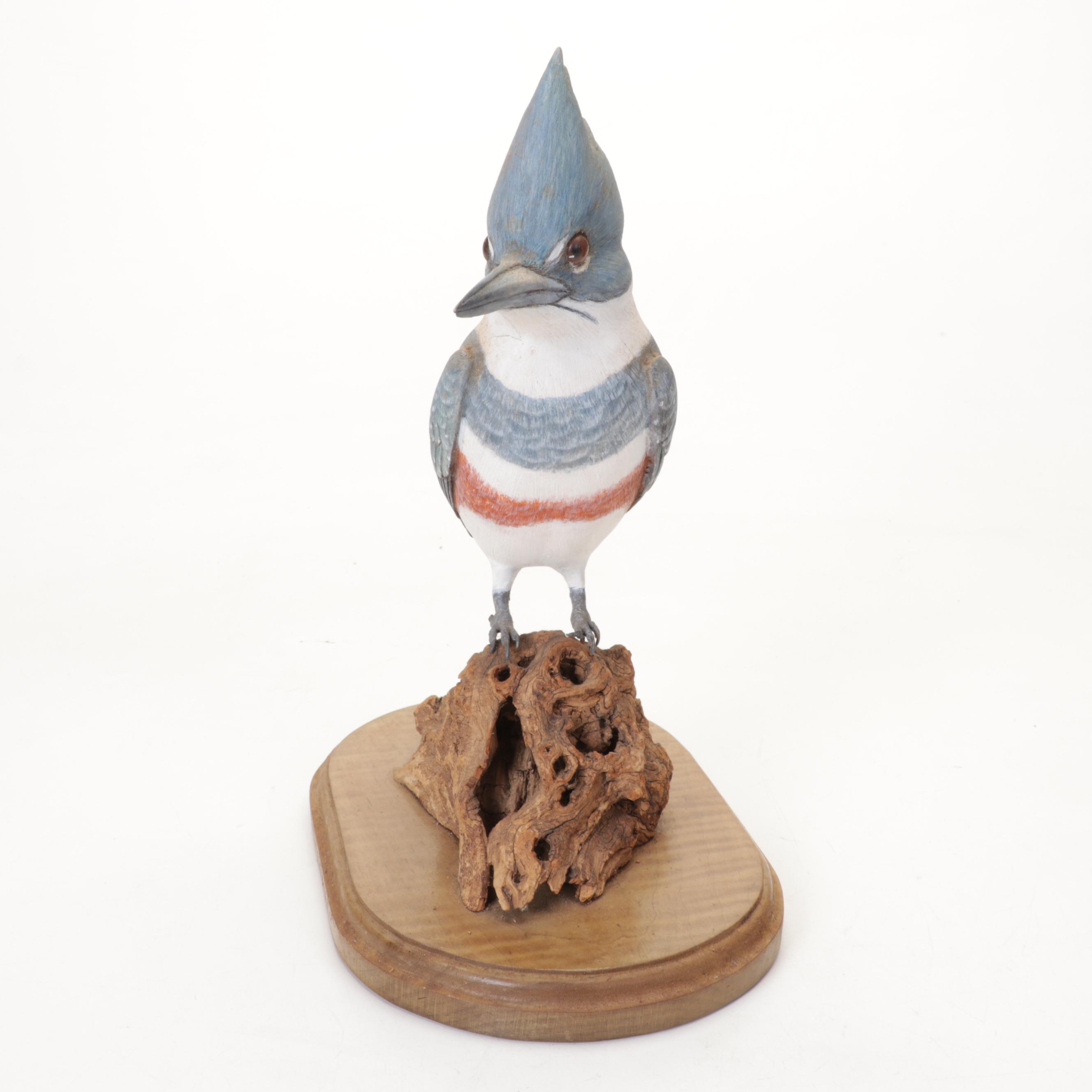 Belted Kingfisher and Red-Tailed Hawk Figurines With Wood Stands