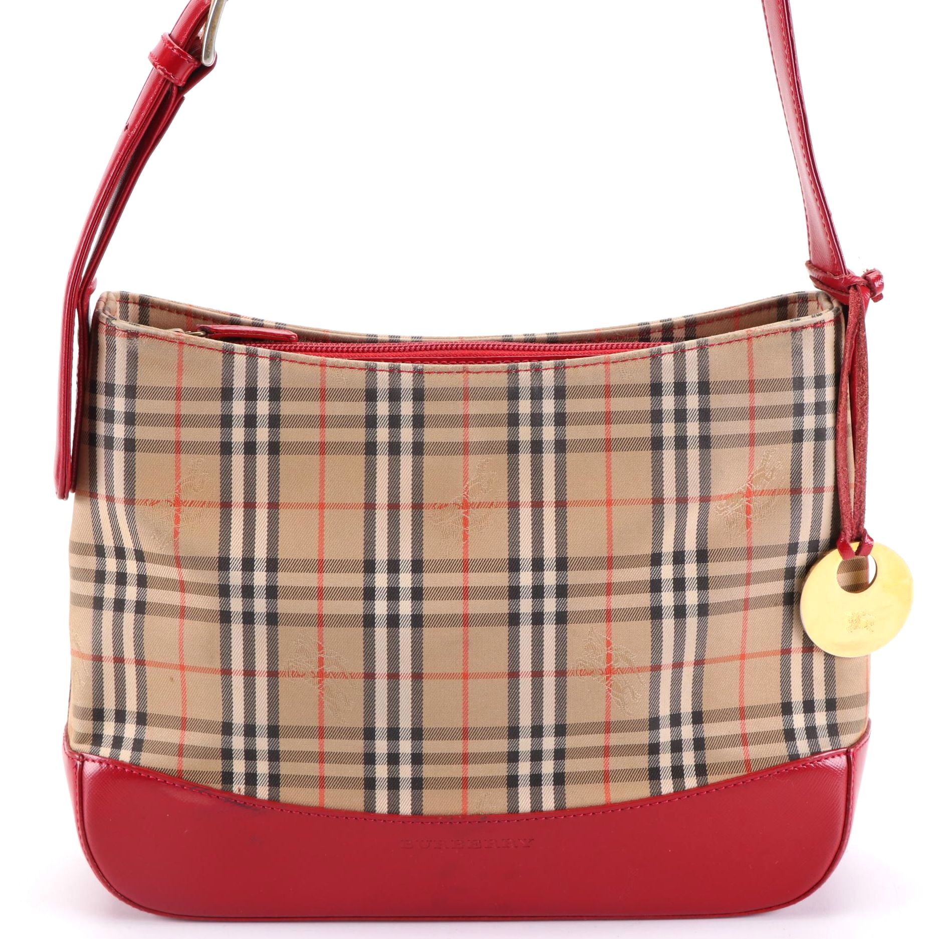 Burberry Small Shoulder Bag in Haymarket Check Gabardine/Red Crossgrain Leather