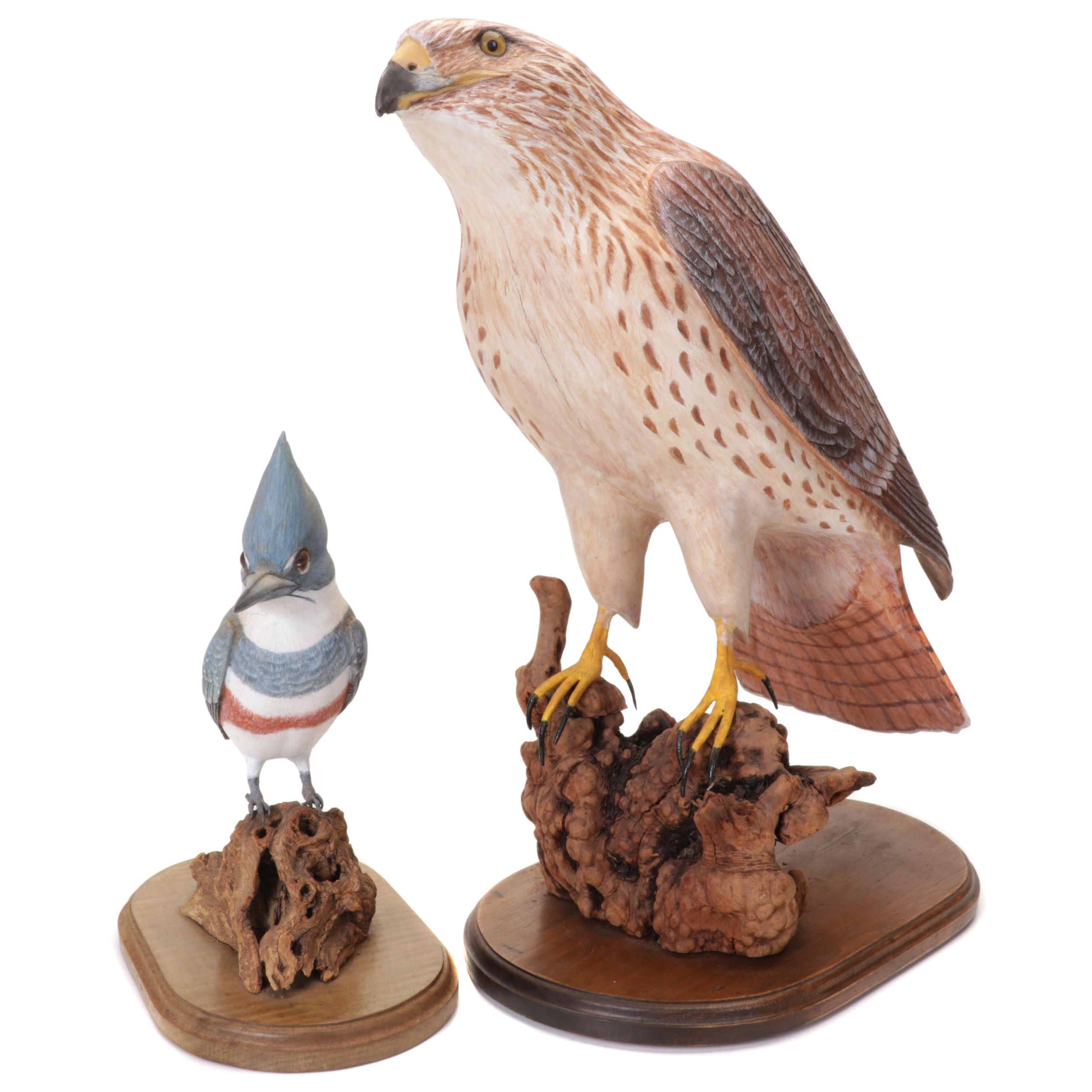 Belted Kingfisher and Red-Tailed Hawk Figurines With Wood Stands