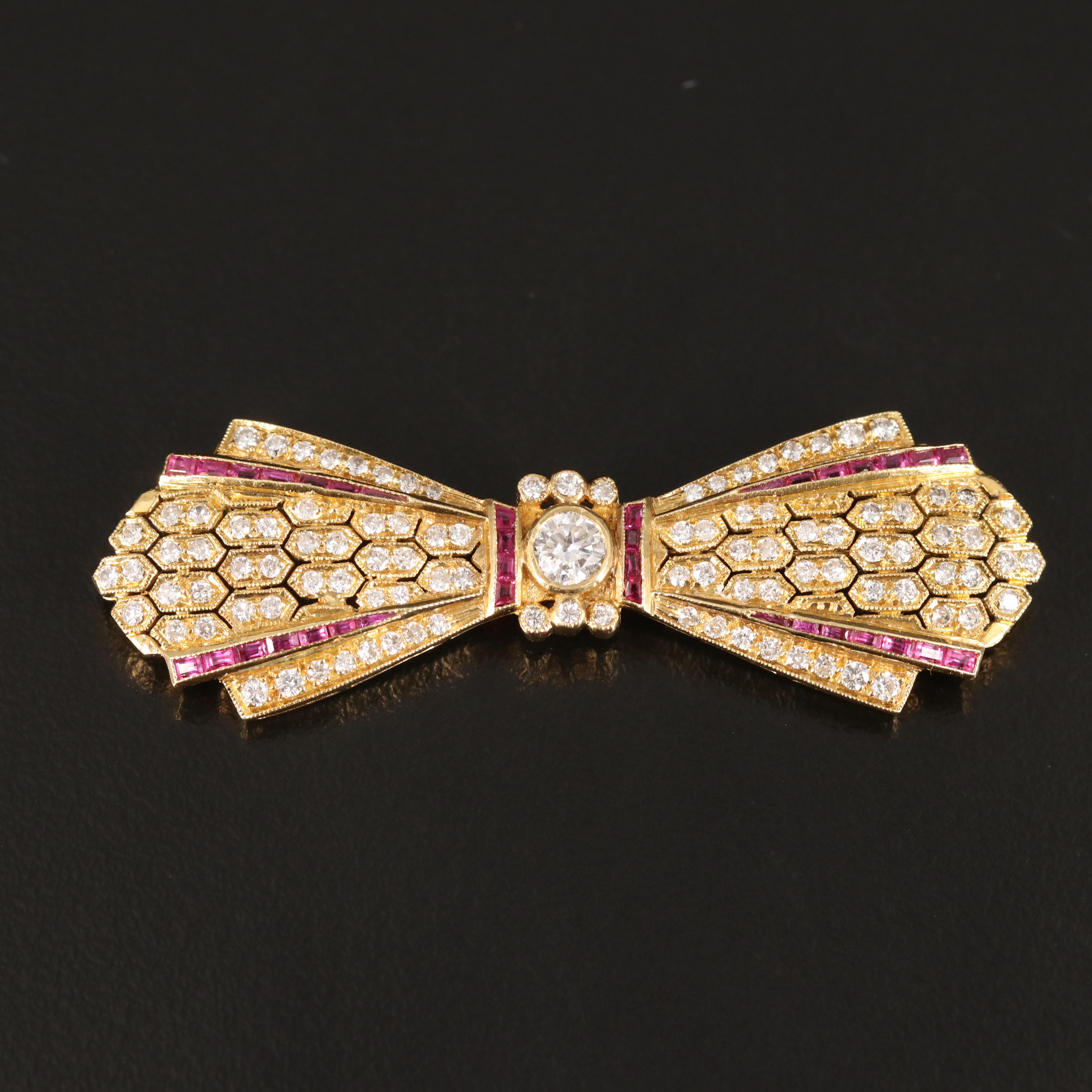 Vintage Style 18K 1.53 CTW Diamond and Ruby Bow