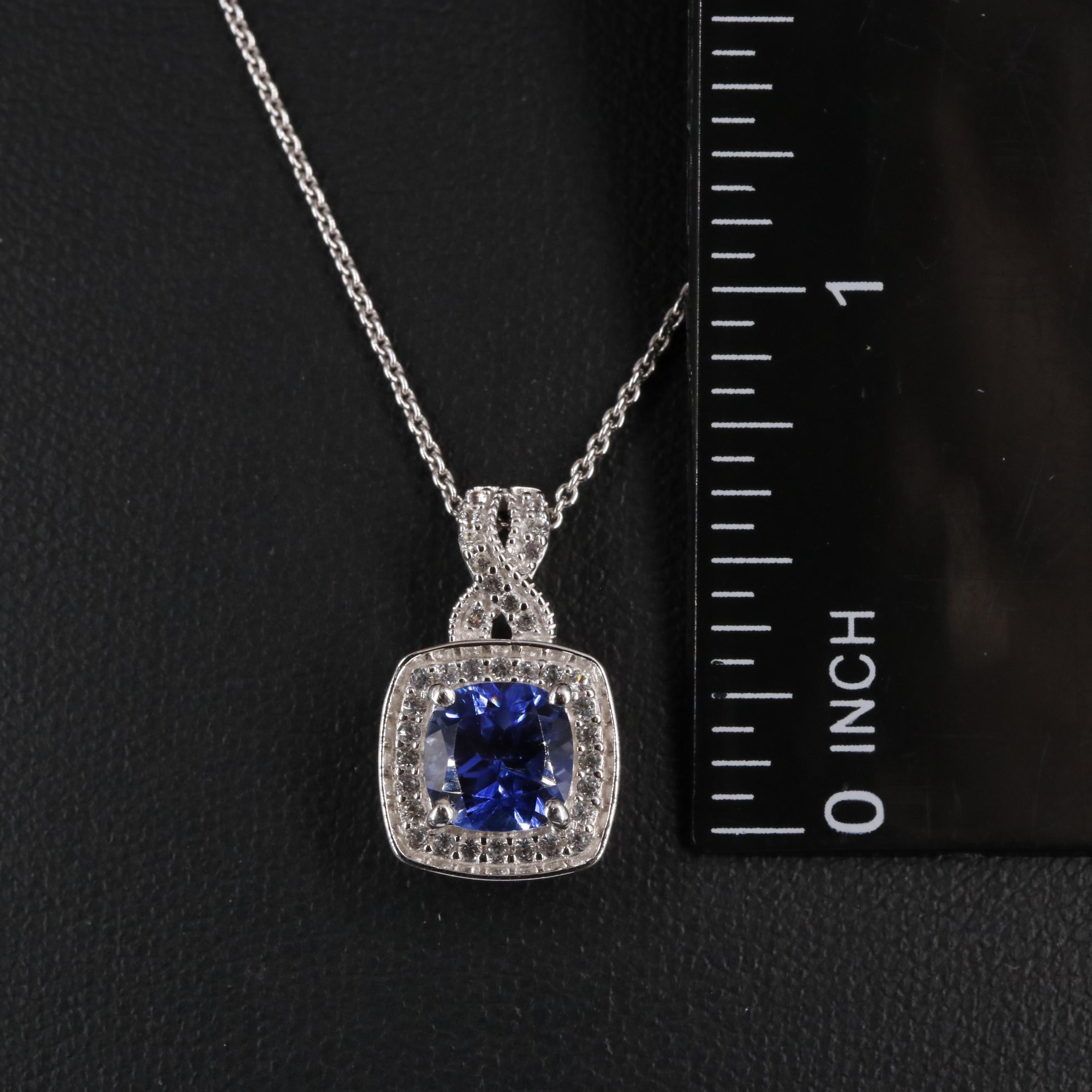 Sterling Sapphire Halo Pendant Necklace
