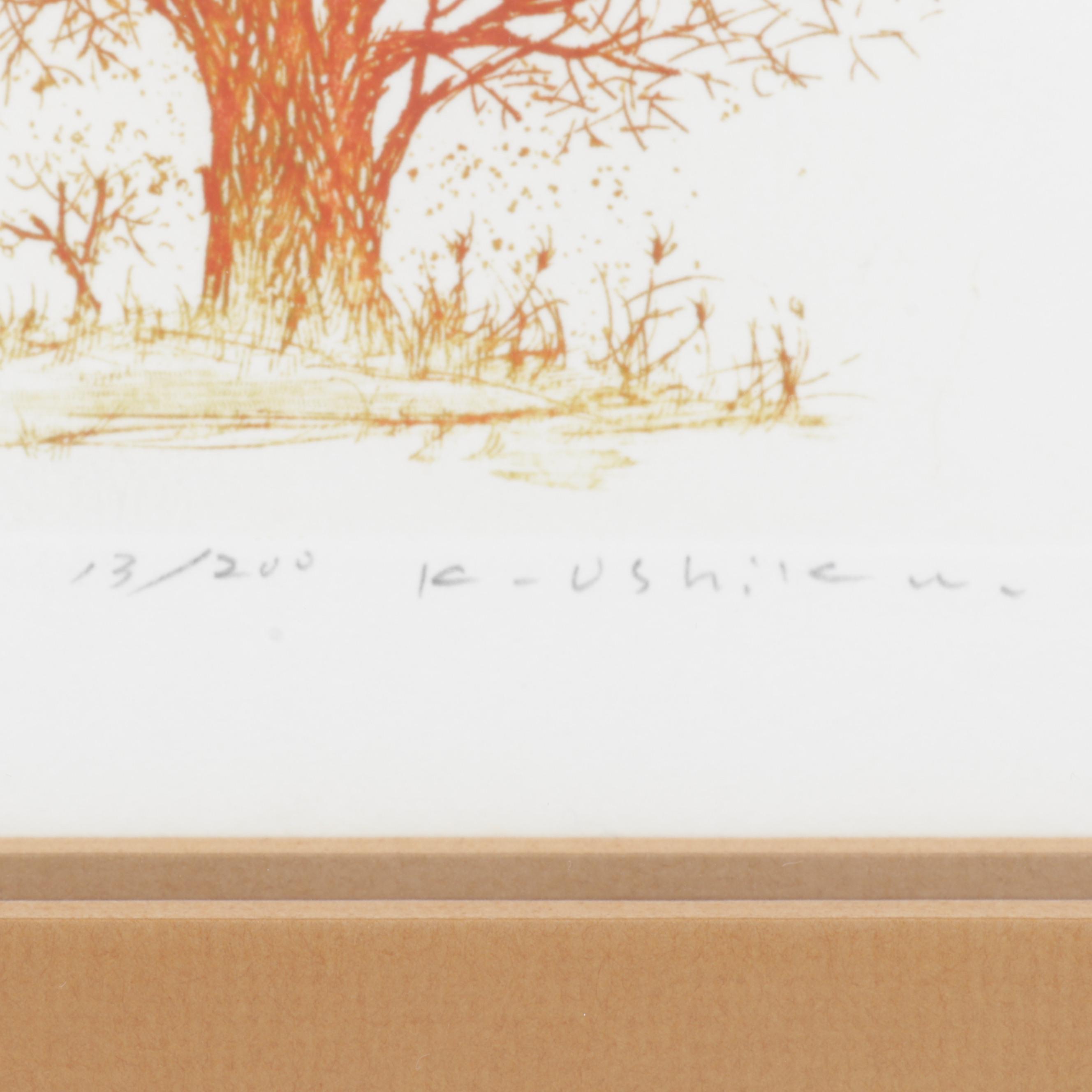 Ushiku Kenji Color Etching "Tree With Birds," Circa 1981