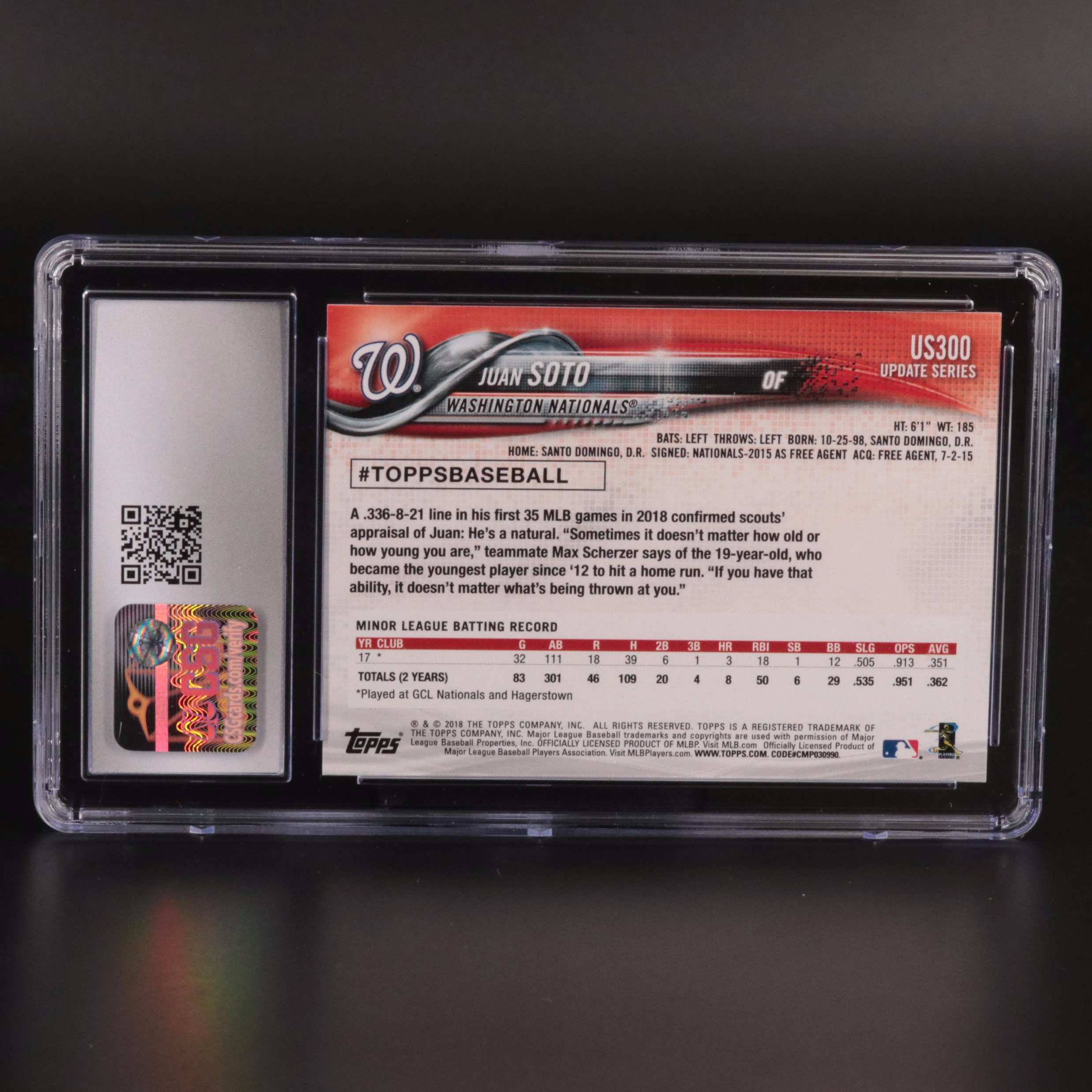 2018 Topps Update #US300 Juan Soto Rookie Graded CSG 10 Gem Mint Card