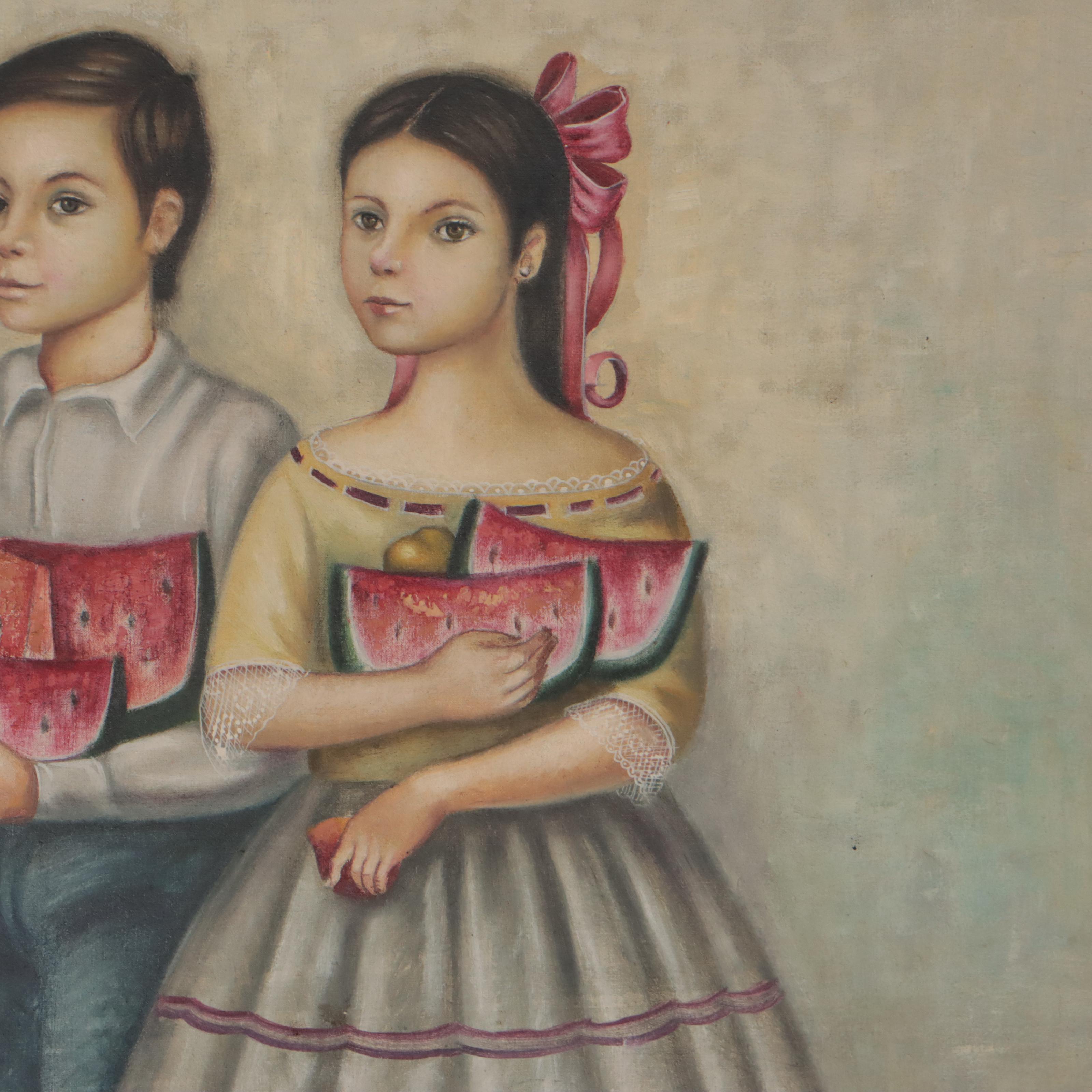 Manuel Velazquez Oil Painting of Children Holding Watermelons