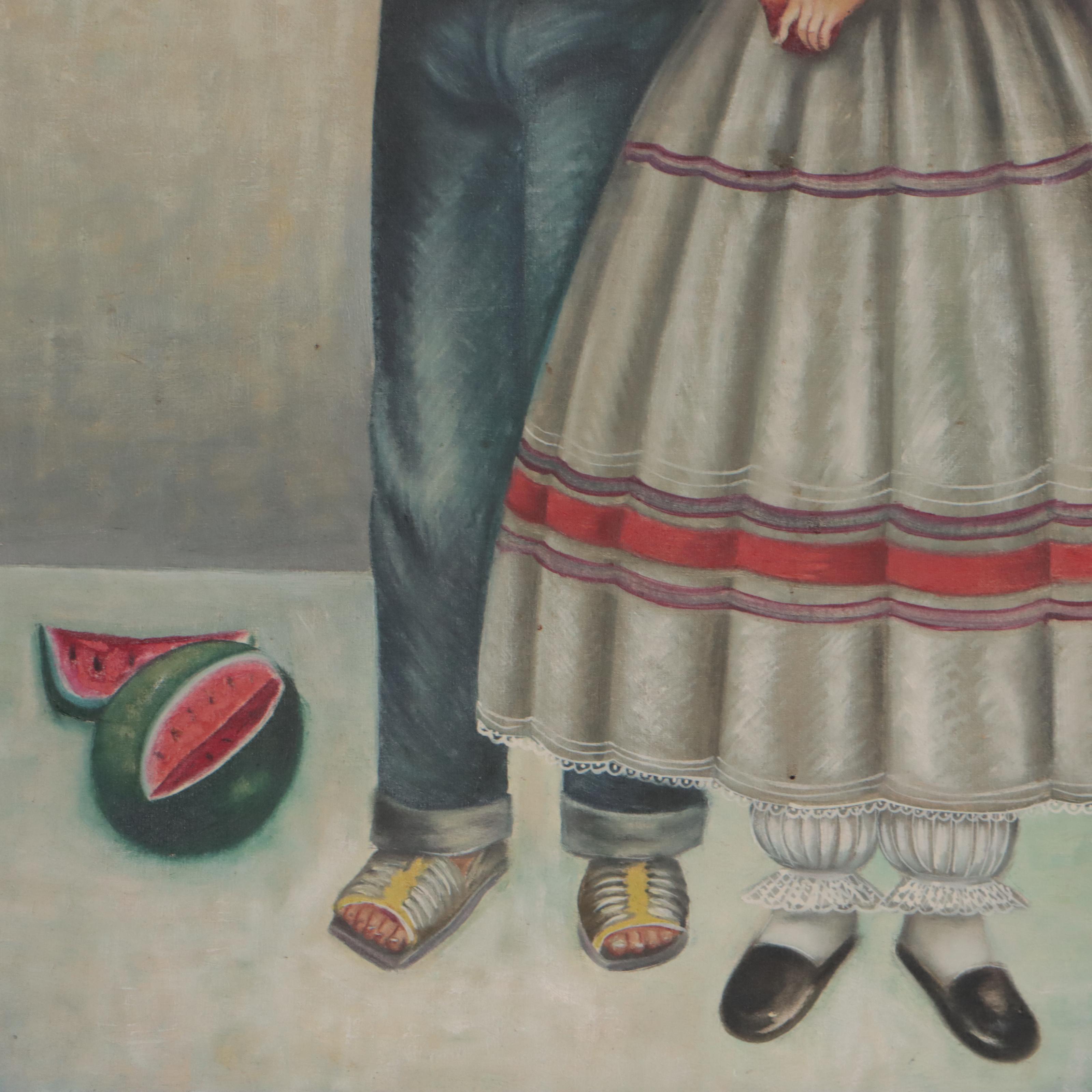 Manuel Velazquez Oil Painting of Children Holding Watermelons