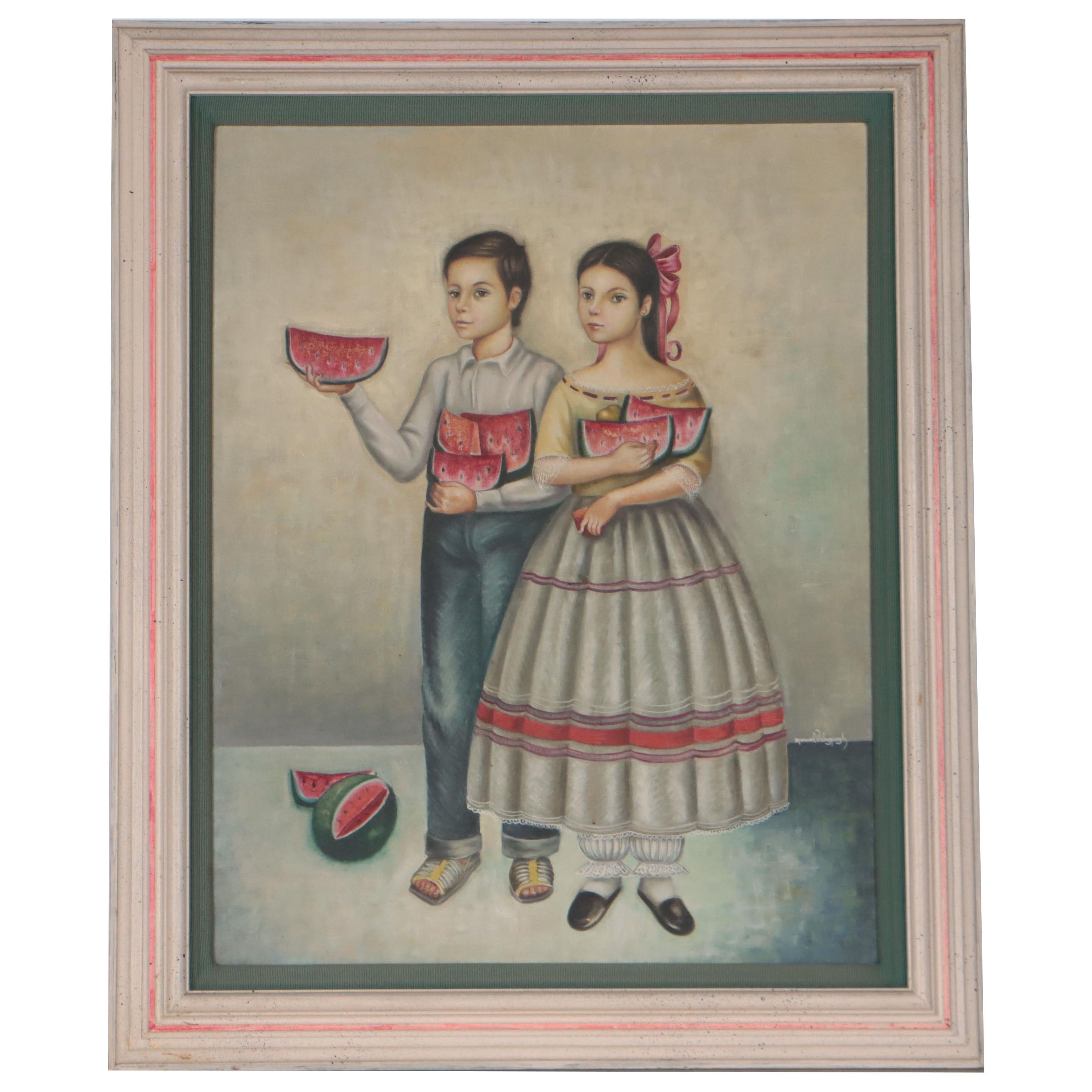 Manuel Velazquez Oil Painting of Children Holding Watermelons