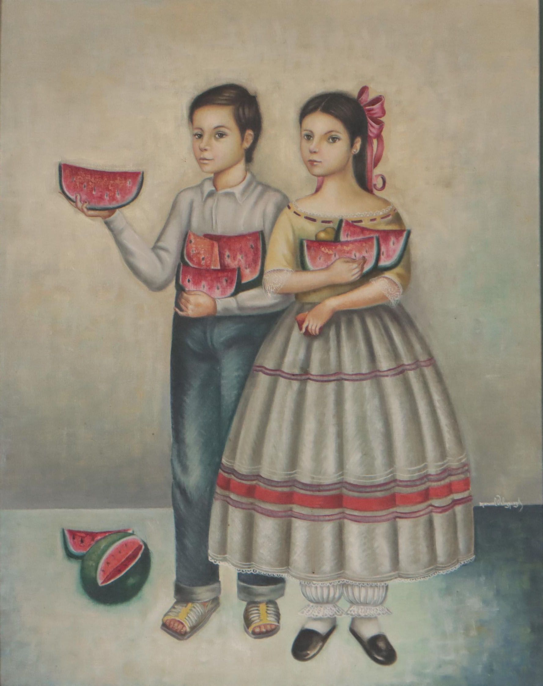 Manuel Velazquez Oil Painting of Children Holding Watermelons